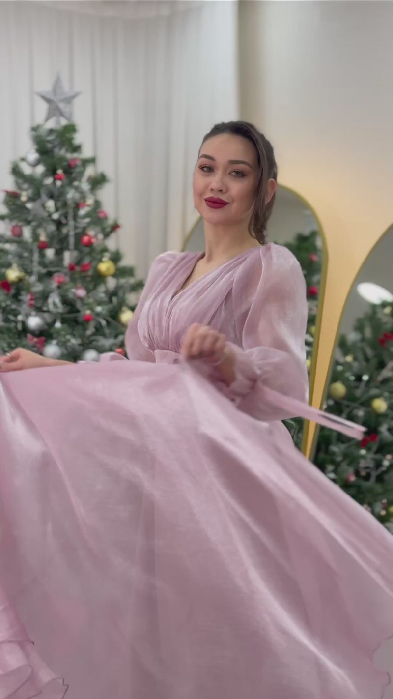 Women's Asymmetric Skirt Powder Pink Karpuz Sleeve Princess V-Neck Evening Gown