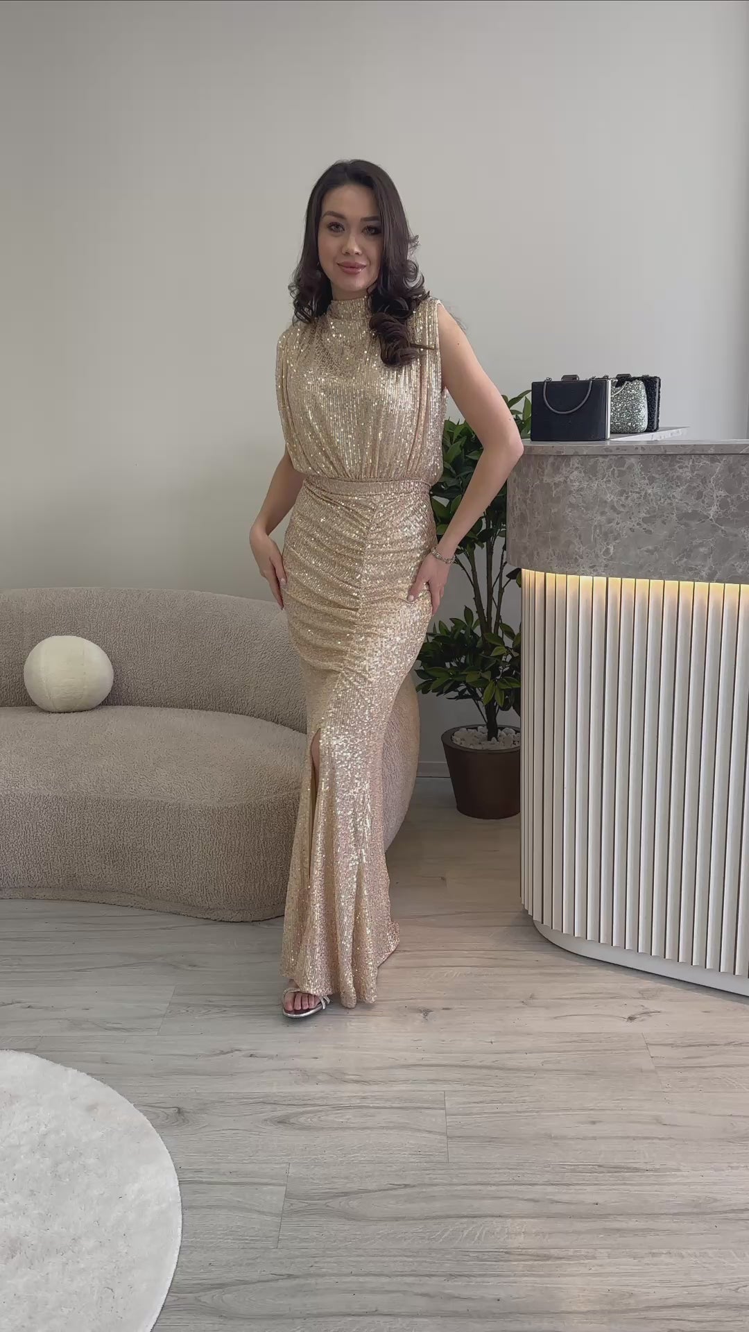 Women's Beige High Neck Kuşak Detail Slit Sequin Evening Gown