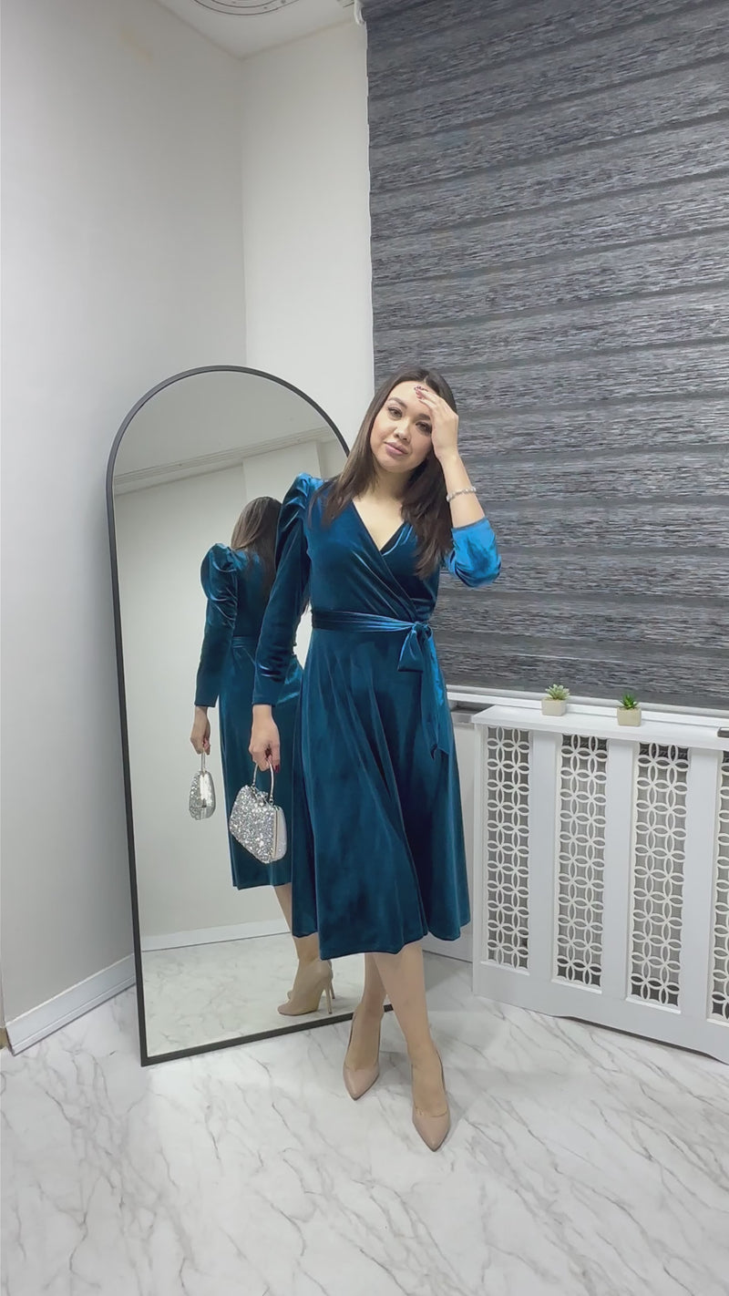 Petrol Blue Midi Length Velvet Dress
