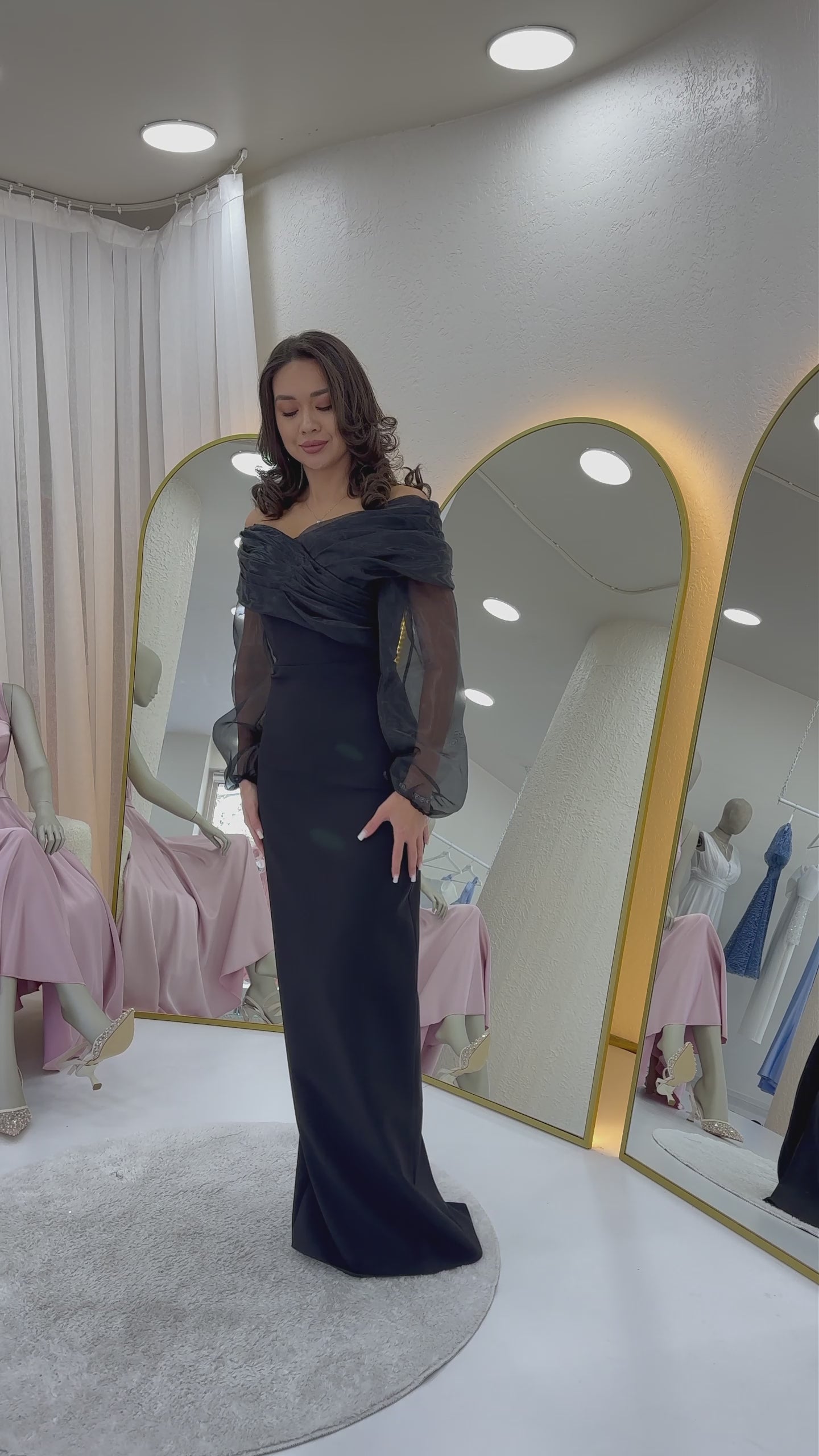 Women's Black Chiffon Sleeve Detaillı Off-Shoulder Mermaid Evening Gown