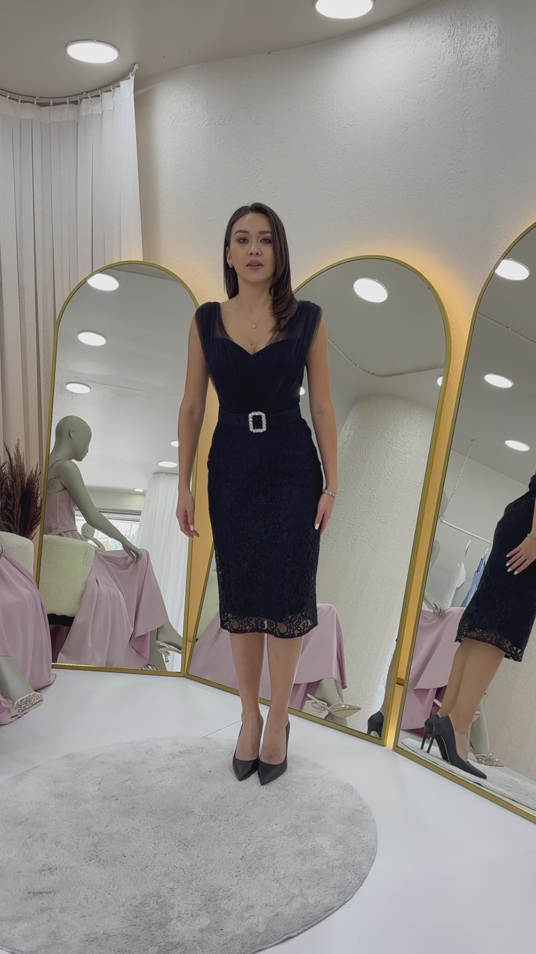 Women's Black Lace Kumaş Tulle Detaillı Belted Midi Evening Gown