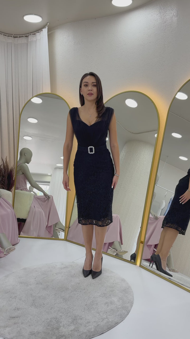 Women's Black Lace Kumaş Tulle Detaillı Belted Midi Evening Gown