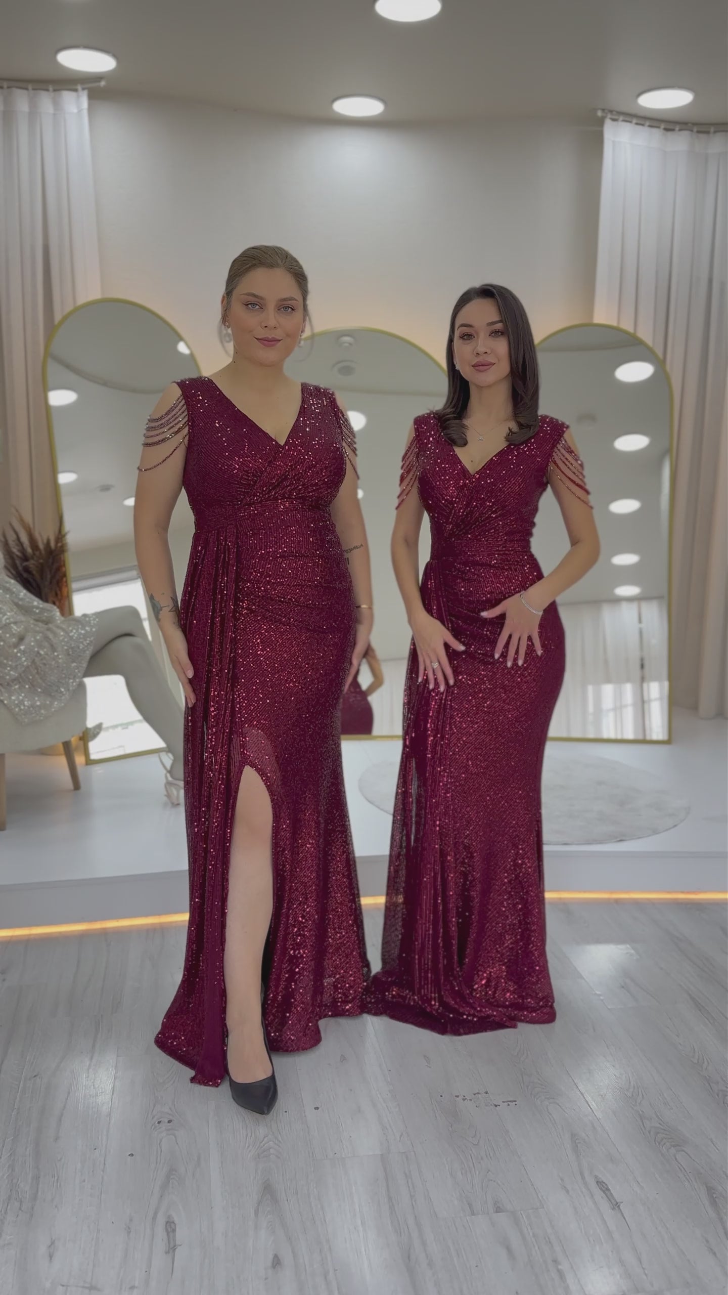 Women's Burgundy Wrap Neck Shoulder Detail Sequin Plus Size Evening Gown