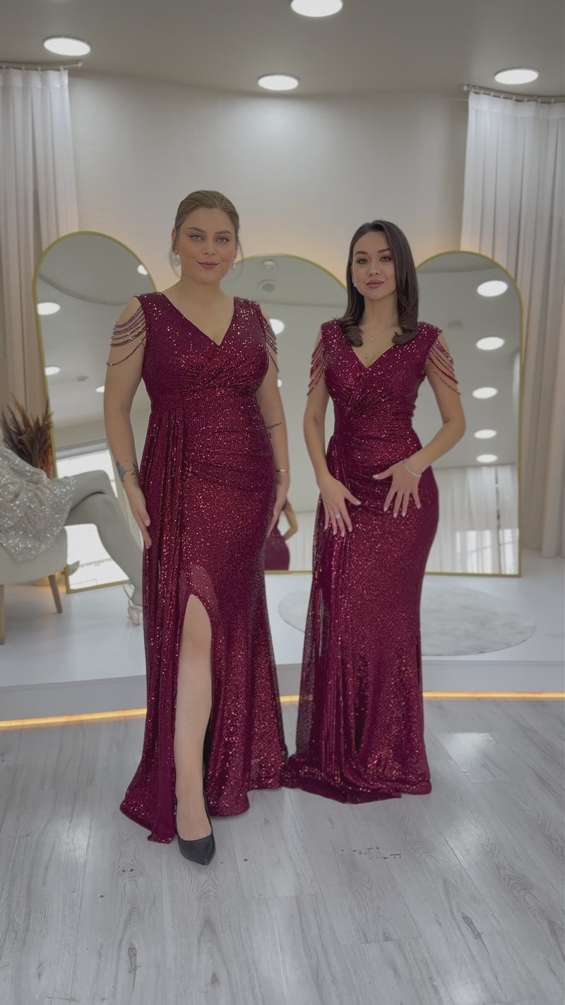 Women's Burgundy Wrap Neck Shoulder Detail Sequin Plus Size Evening Gown