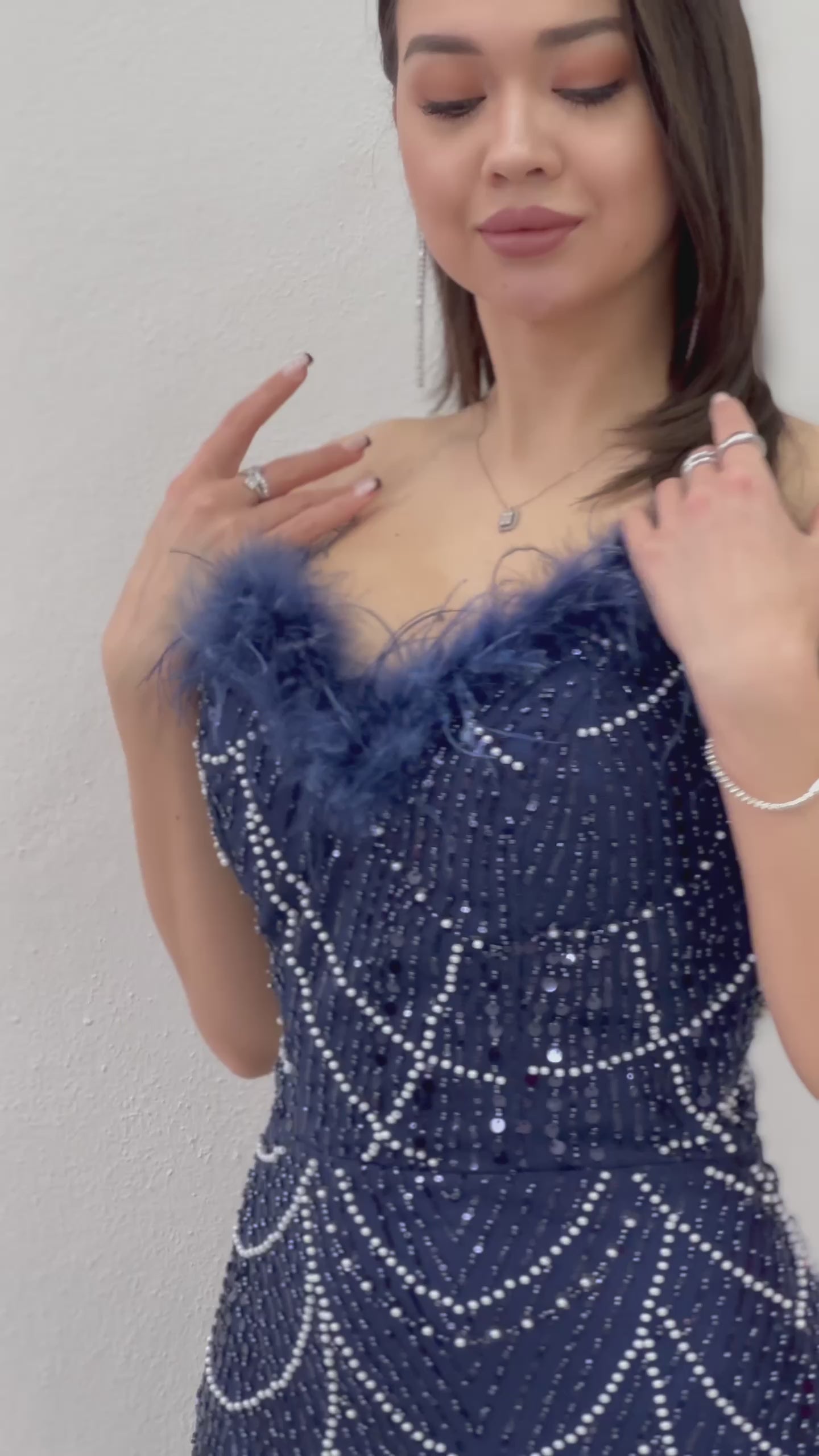 Women's Navy Blue Strapless Embellished Feather Trim Evening Gown