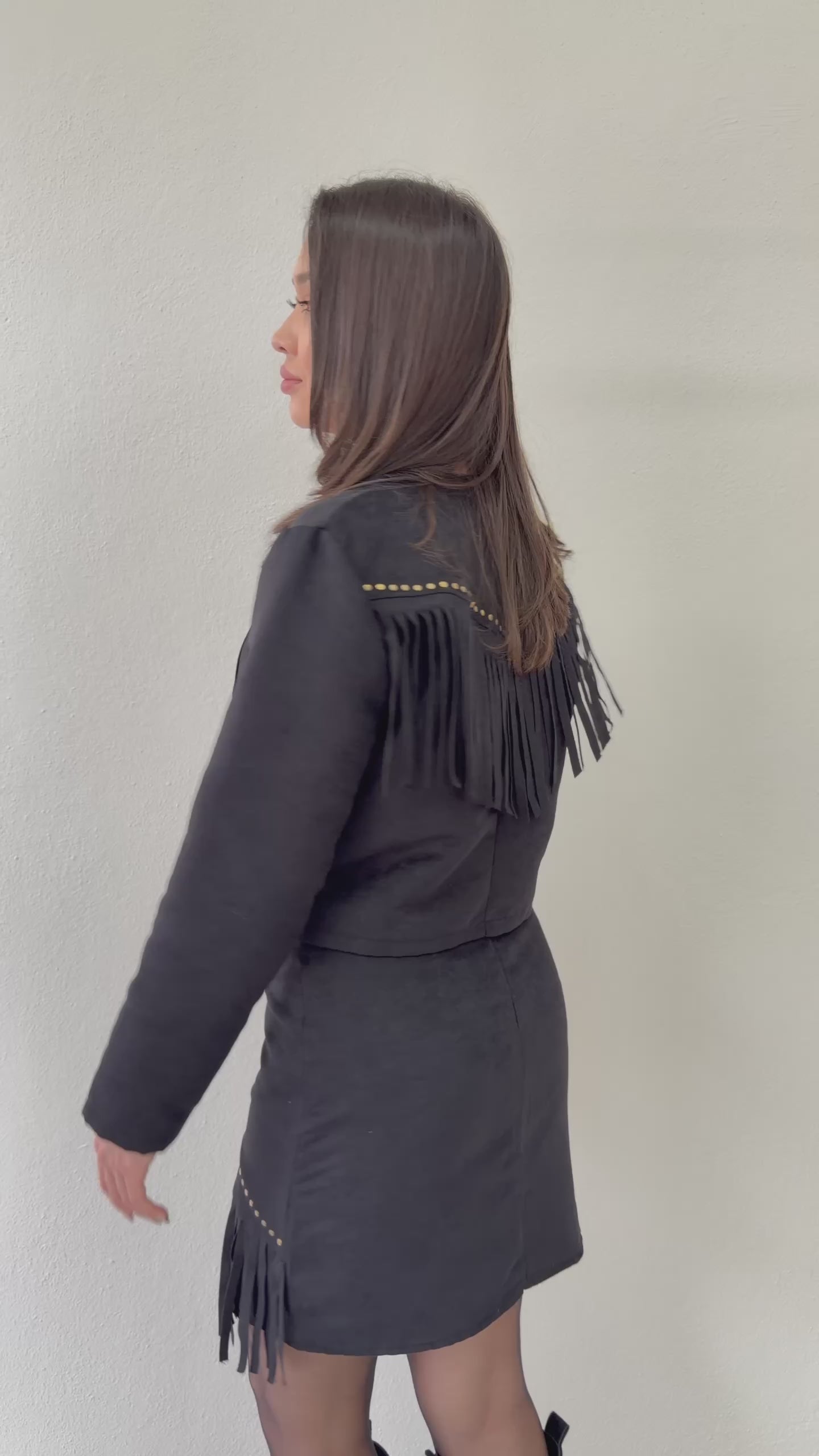 Women's Black Fringed Jacket Skirt İkili Suede Set