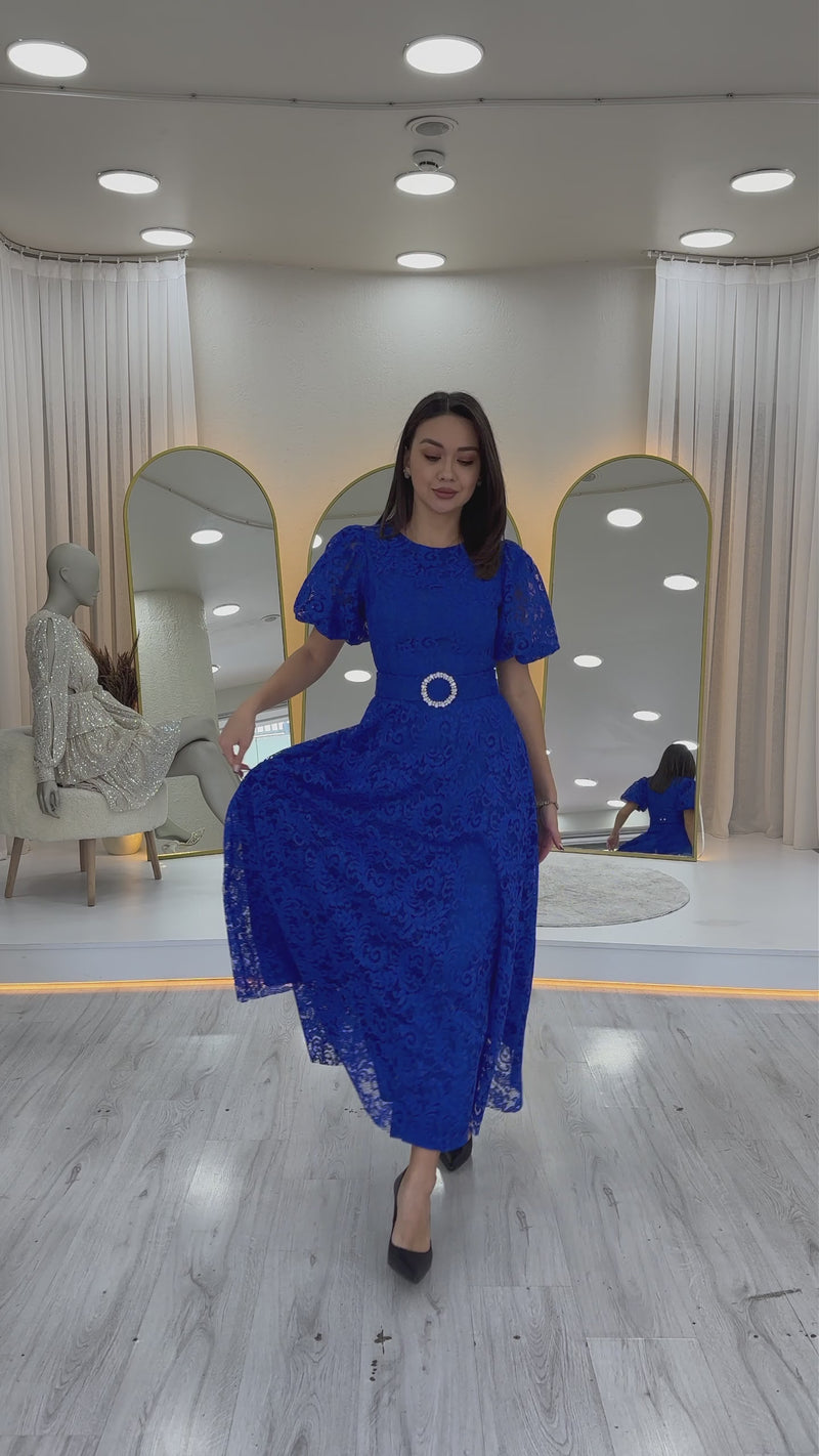 Saxe Blue Lace Midi Length Flared Evening Dress