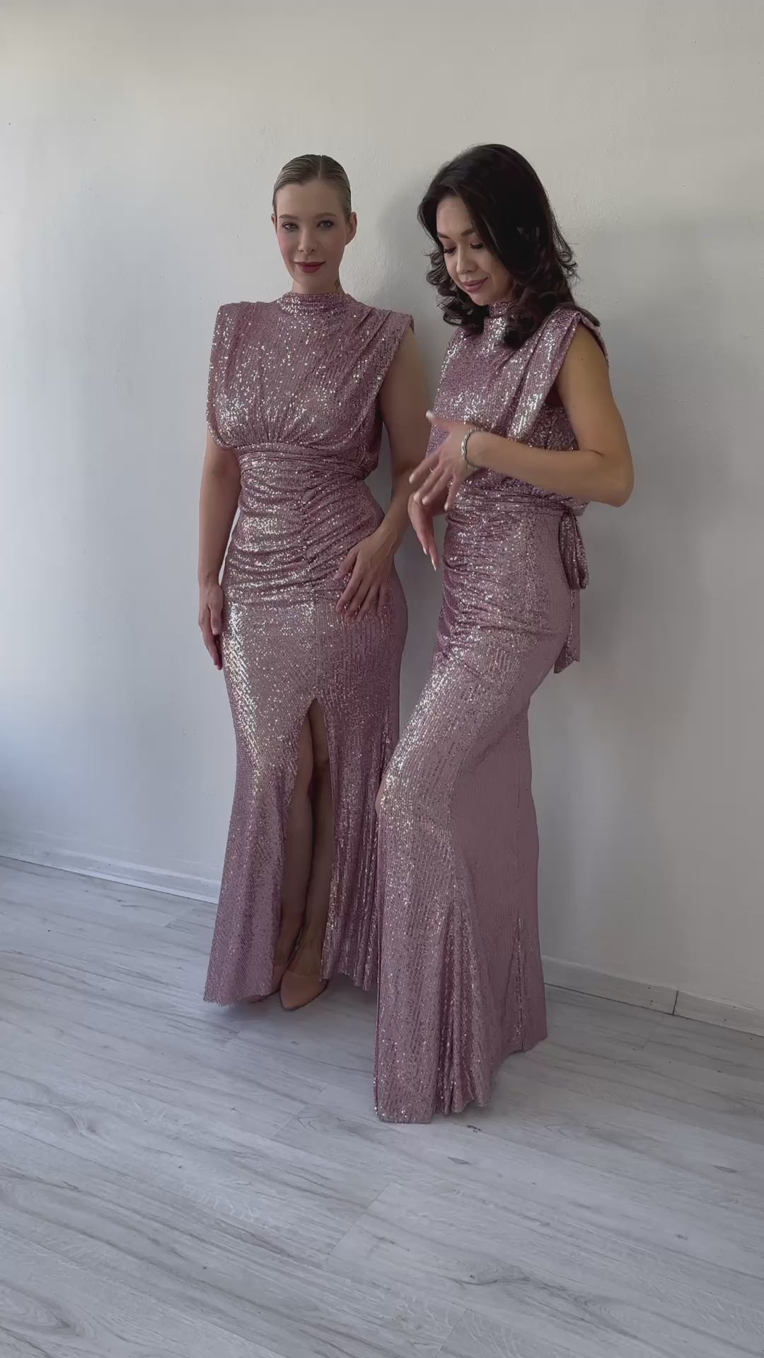 Women's Powder Pink High Neck Kuşak Detail Slit Sequin Evening Gown