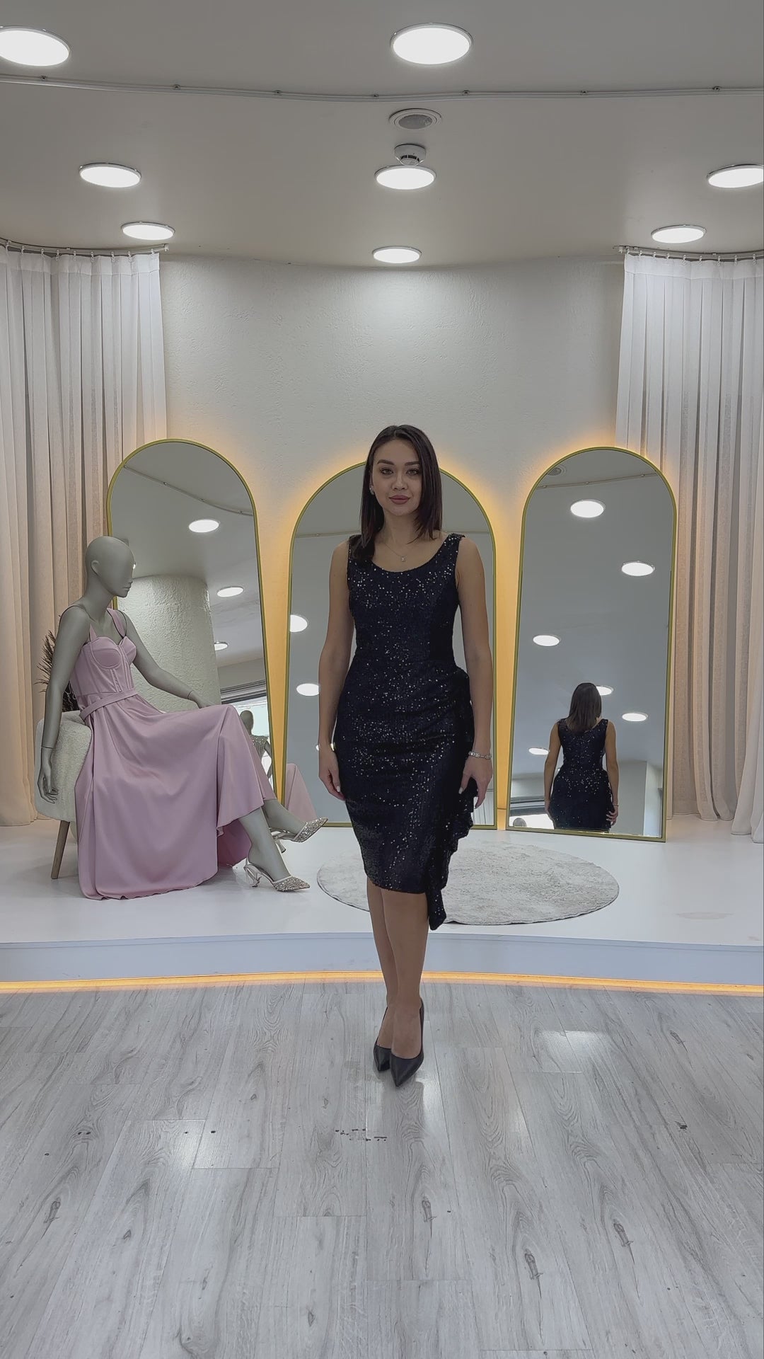 Black Sequin Thick Strap Midi FırFır Detaillı Evening Dress