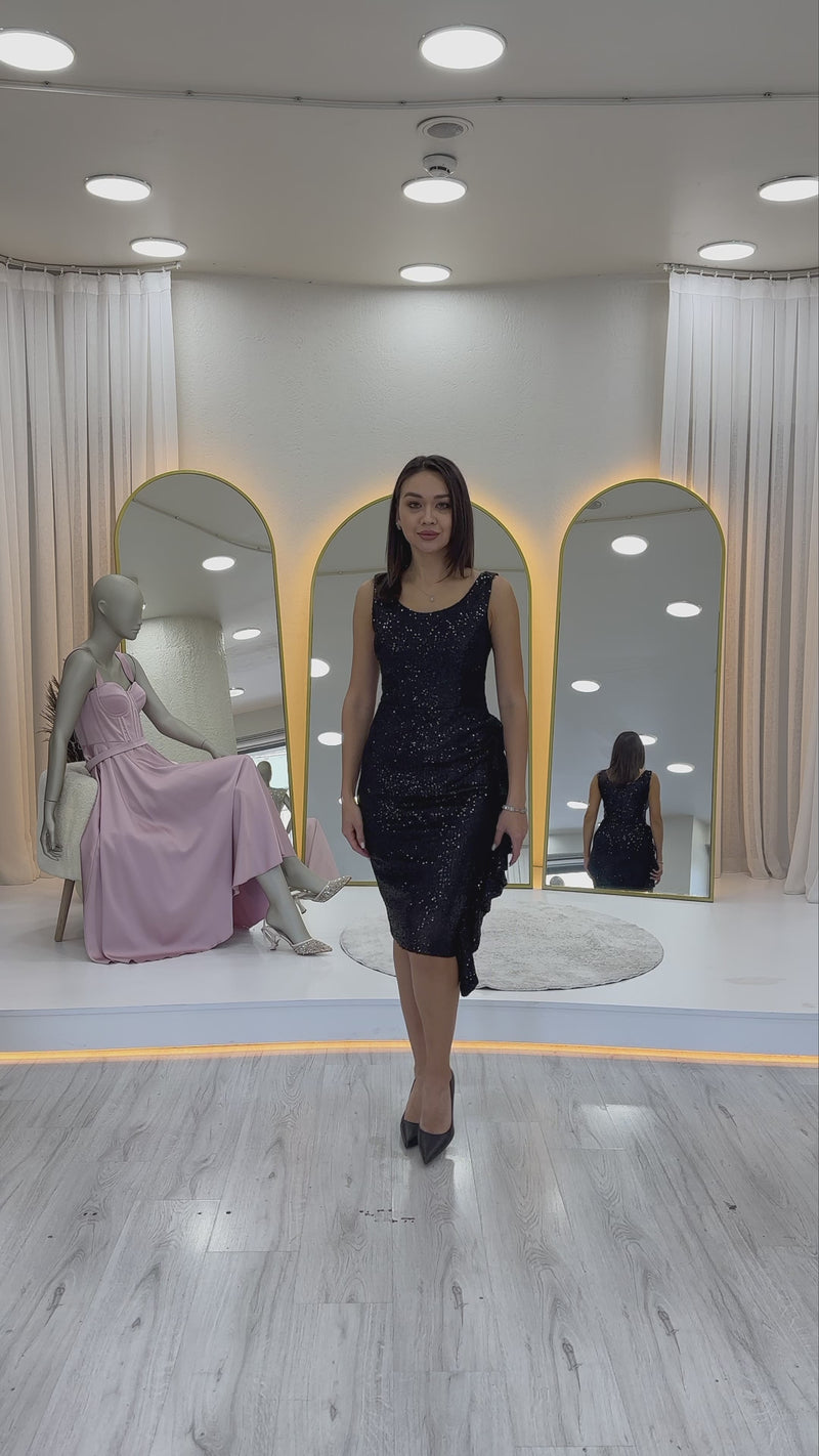 Black Sequin Thick Strap Midi FırFır Detaillı Evening Dress