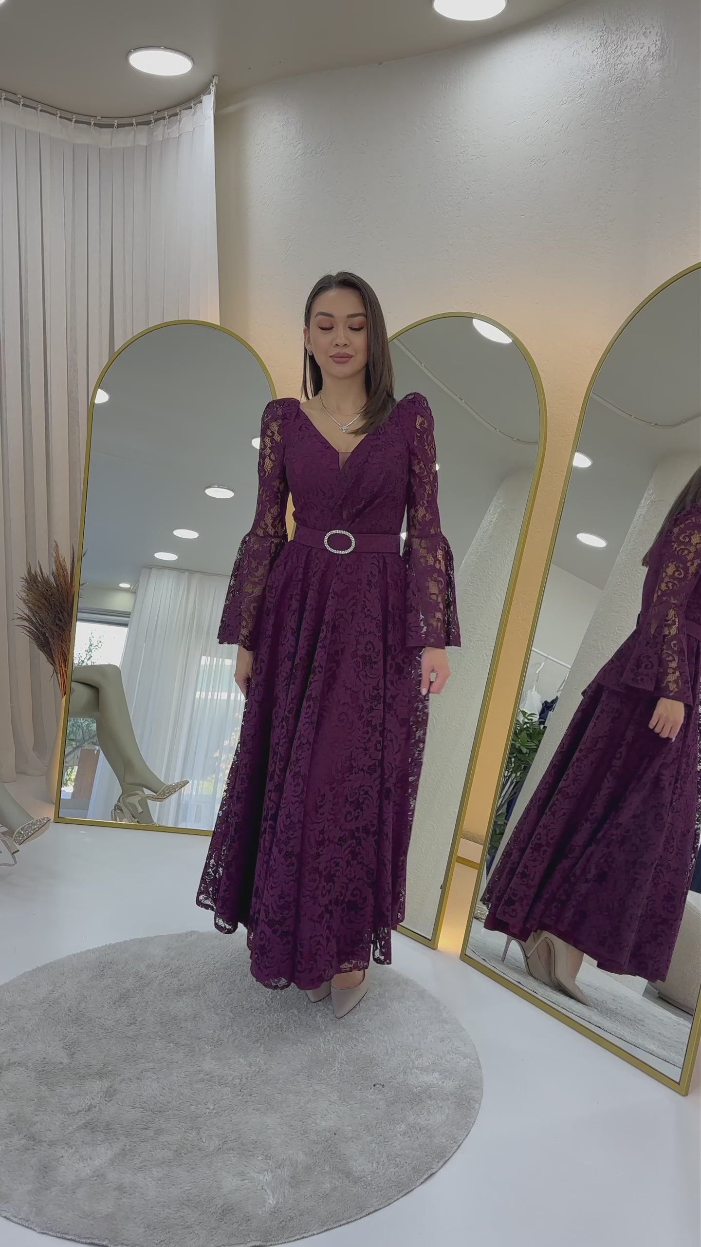 Women's Plum Wrap Neck Belt Detaillı Laceli Long Sleeve Midi Dress