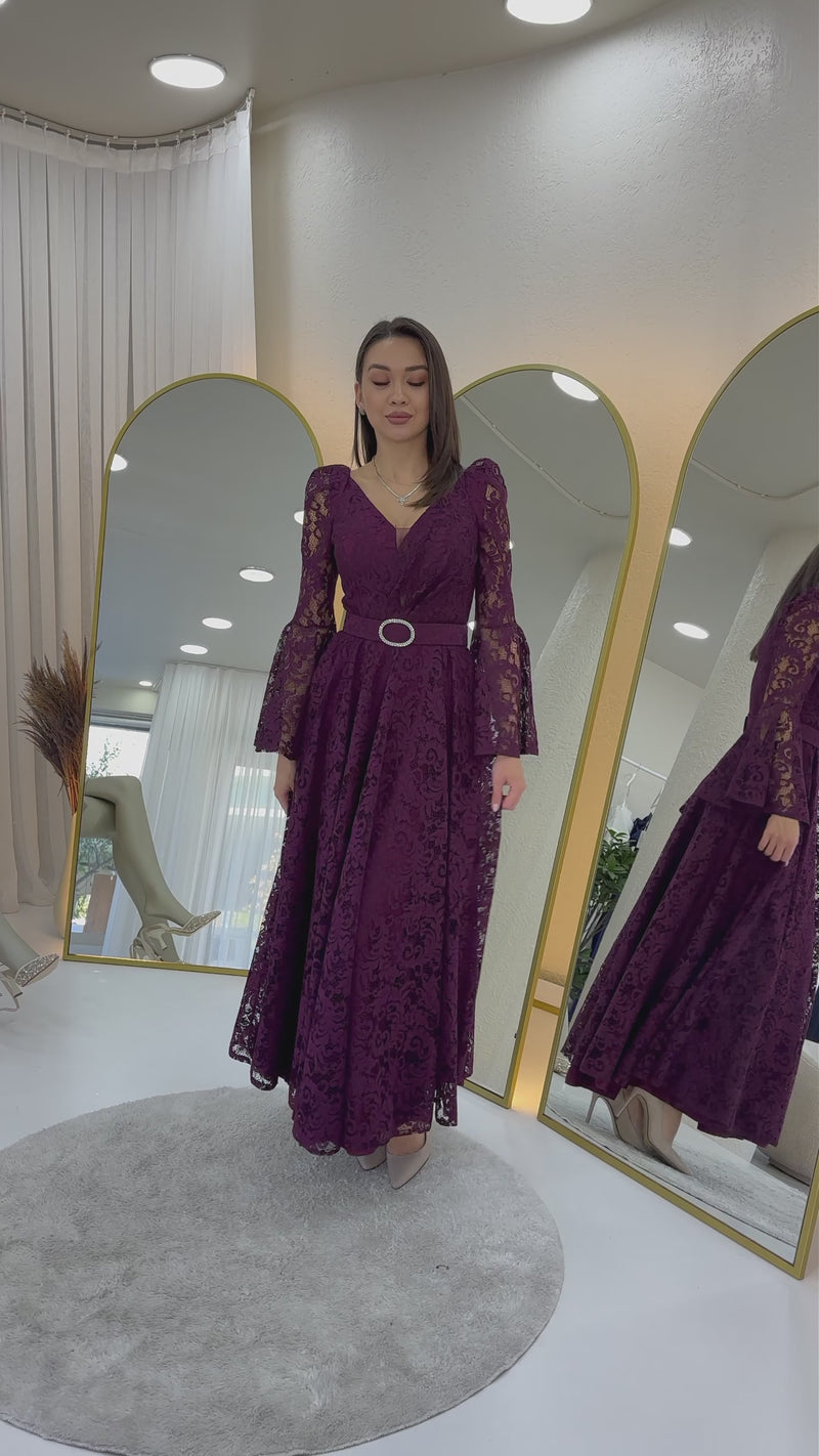 Women's Plum Wrap Neck Belt Detaillı Laceli Long Sleeve Midi Dress