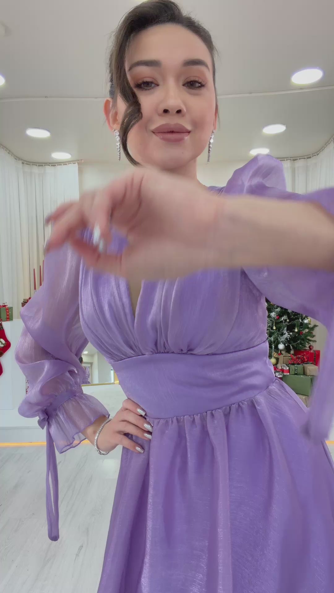 Women's Asymmetric Skirt Lilac Karpuz Sleeve Princess V-Neck Evening Gown