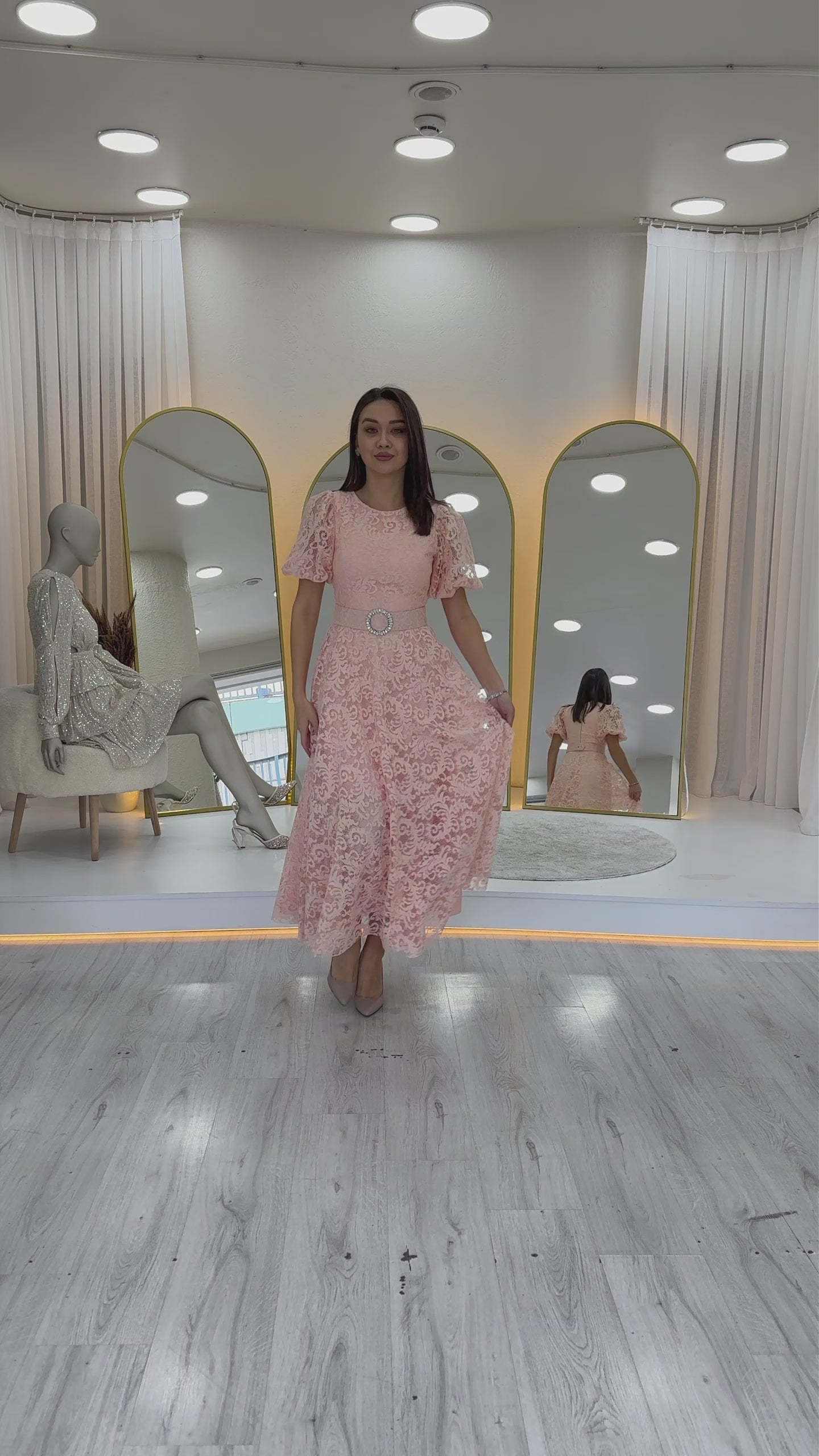 Powder Pink Lace Midi Length Flared Evening Dress