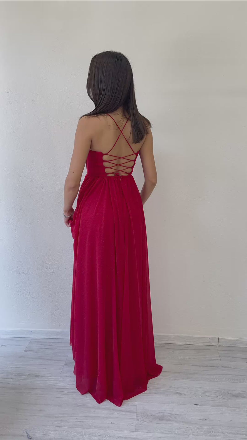 Women's Red Glitter Sırt Dekolteli Corset Detail Slit Evening Gown