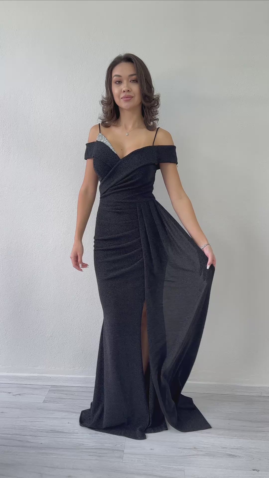 Women's Black Glitter Strap Off-Shoulder Crystal Embellished Slit Evening Gown