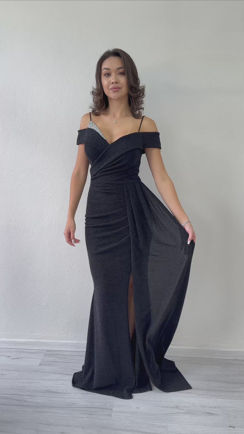 Women's Black Glitter Strap Off-Shoulder Crystal Embellished Slit Evening Gown