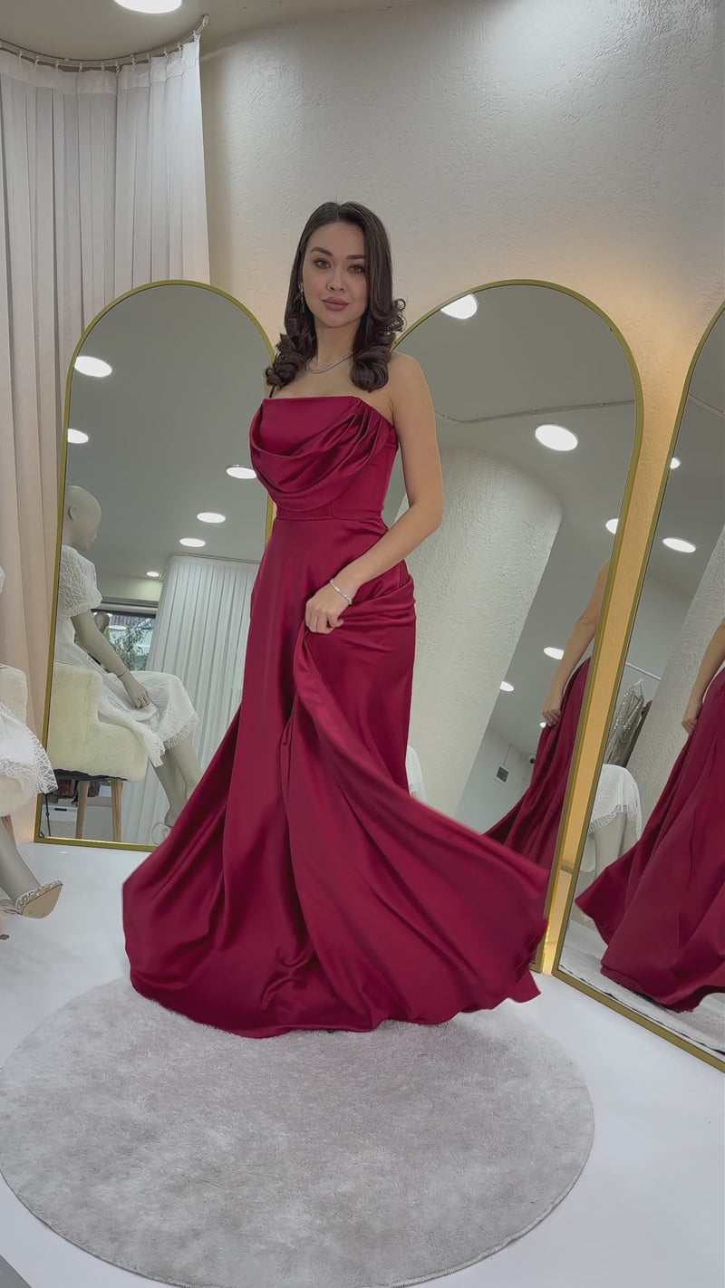 Women's Burgundy Strapless Satin Long Evening Gown