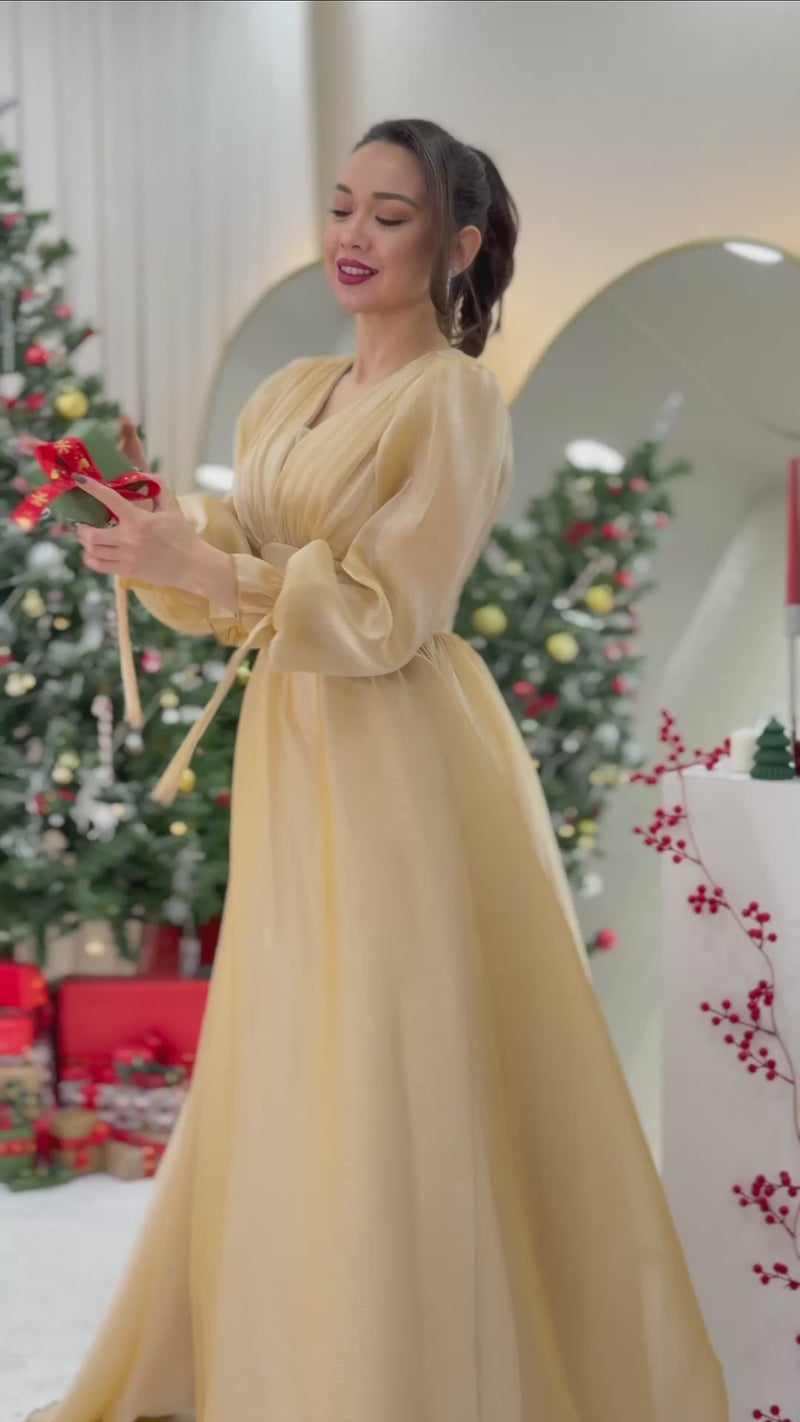 Women's Asymmetric Skirt Gold Karpuz Sleeve Princess V-Neck Evening Gown