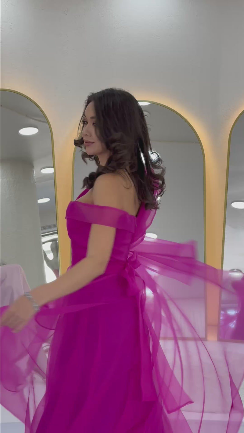 Women's Fuchsia Off-Shoulder Asymmetric Skirt Tulle Evening Gown
