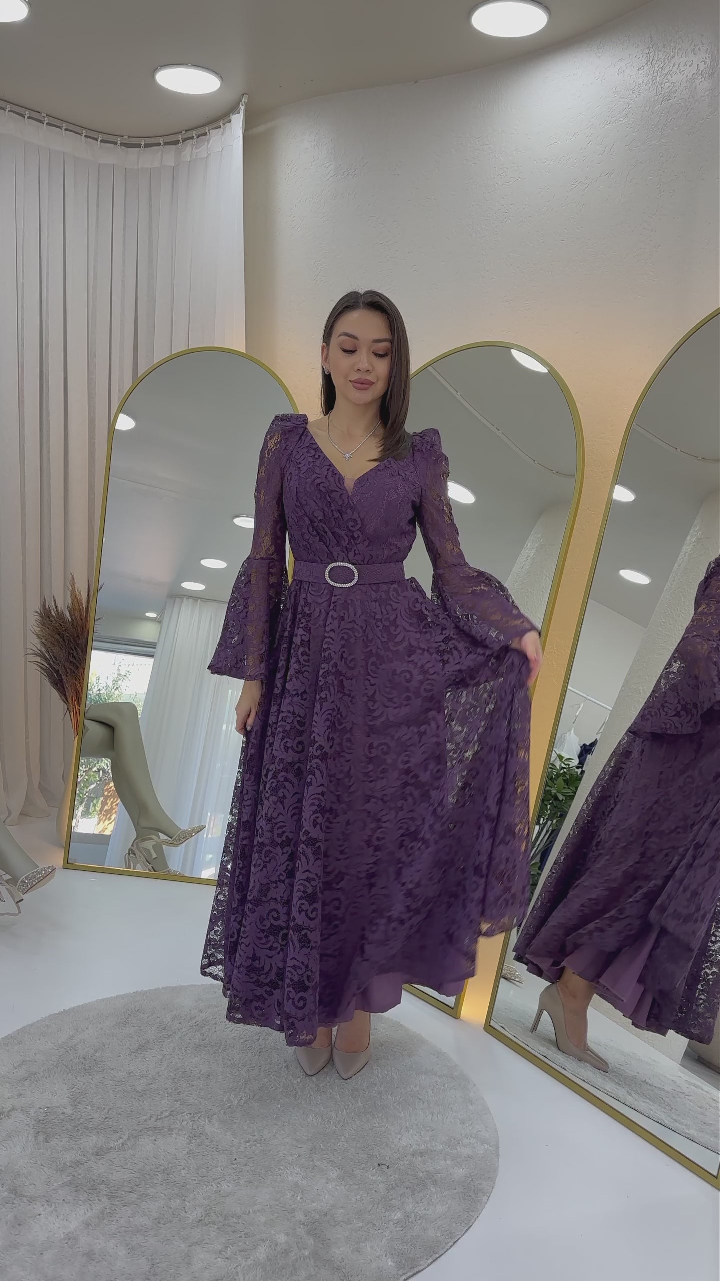 Women's Açık Purple Wrap Neck Belt Detaillı Laceli Long Sleeve Midi Dress