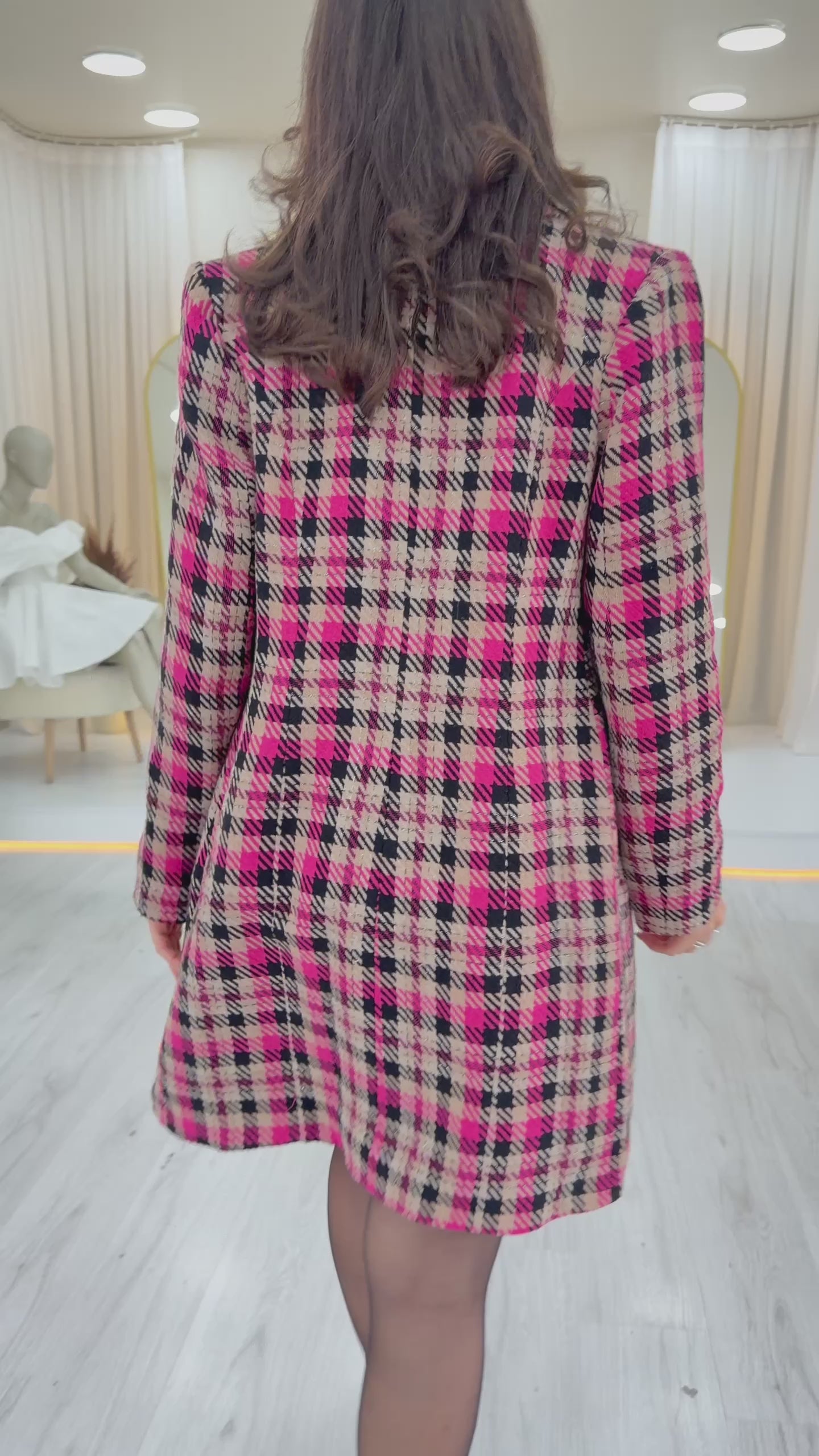 Women's Pink Plaid Buttoned Wrap Wool Blend Coat