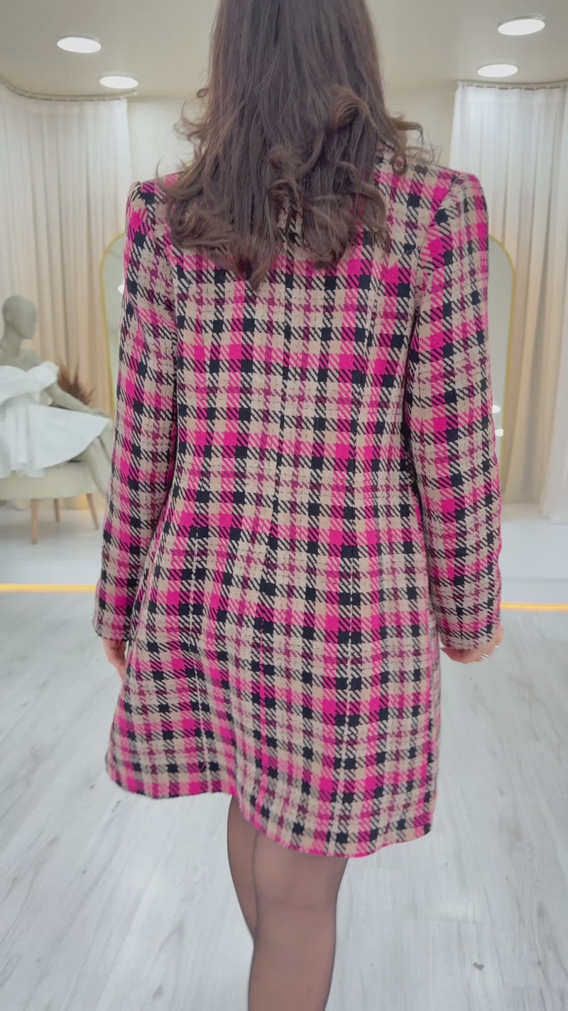 Women's Pink Plaid Buttoned Wrap Wool Blend Coat