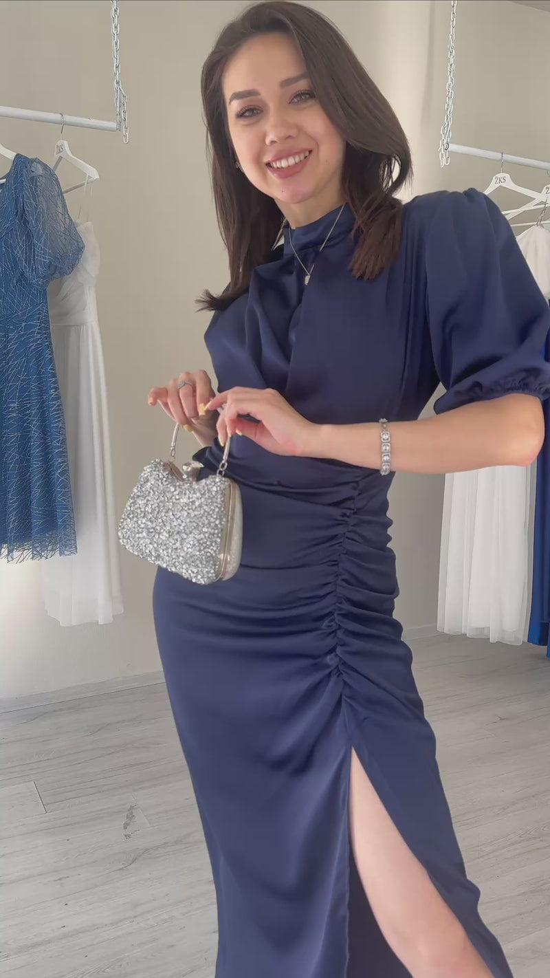 Navy Blue Satin Short-Sleeve Evening Dress