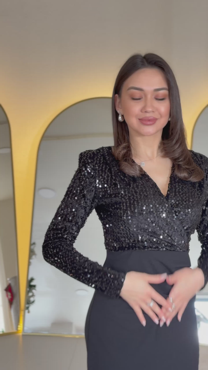 Women's Black Sequin Wrap Neck Drapedd Midi Evening Gown