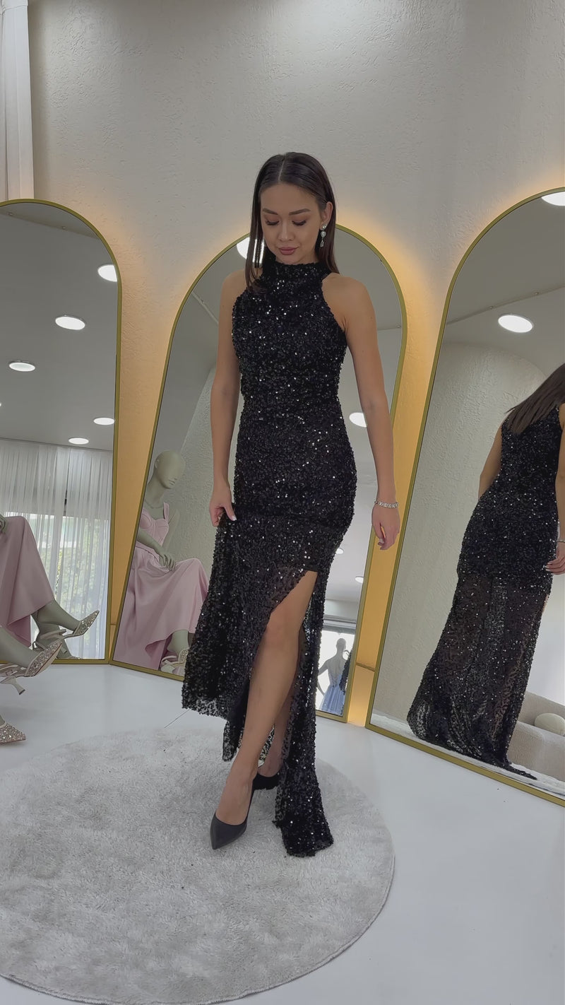 Women's Black Halter Neck Sequin Train Evening Gown