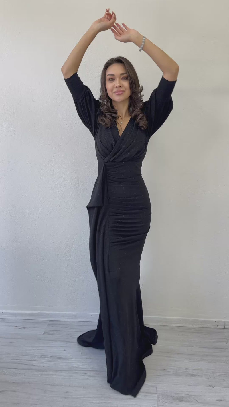 Women's Black Balloon Sleeve Glitter Drapedd Ruffle Detail Mermaid Evening Gown