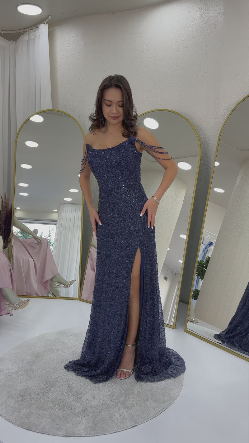 Women's Navy Blue Strapless Beaded Slit Evening Gown