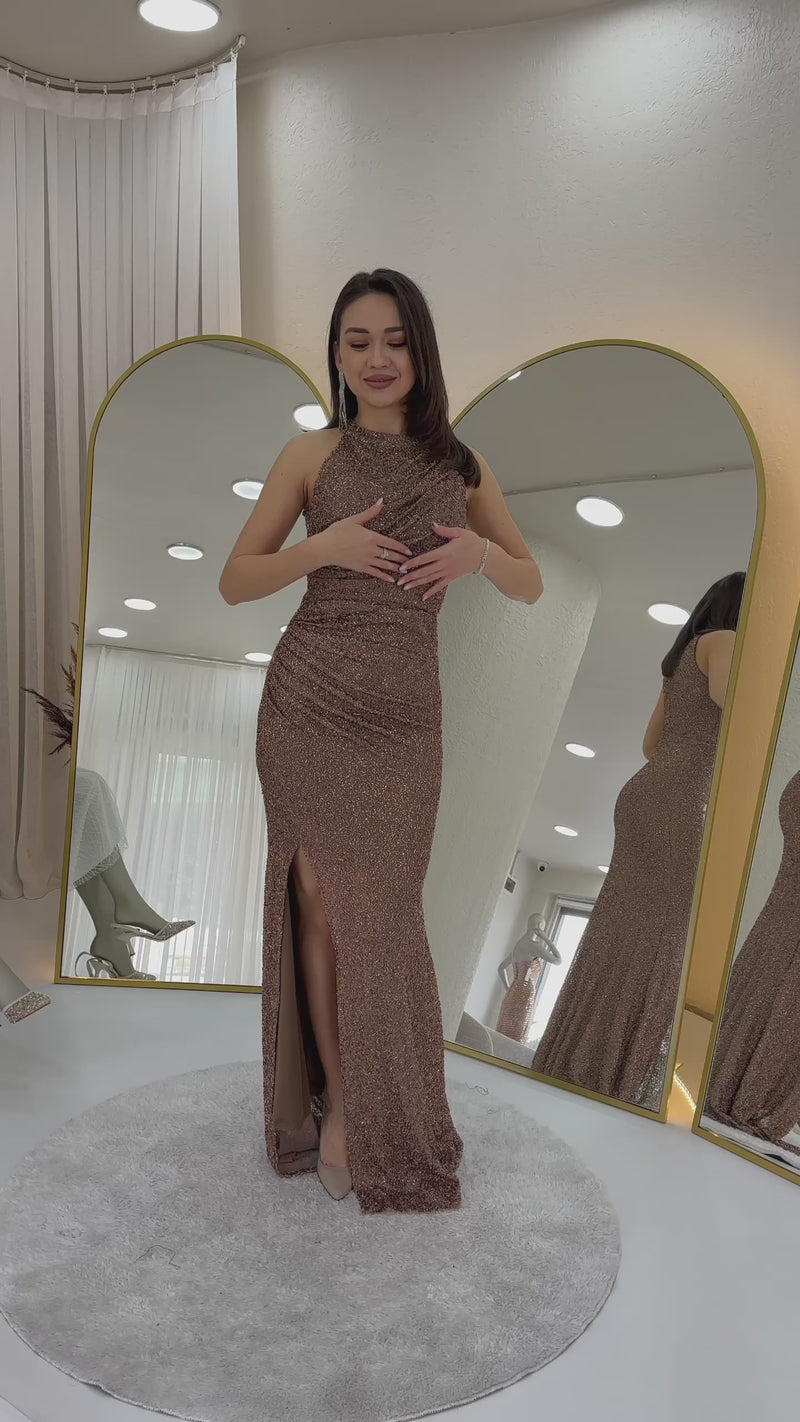 Women's Gold Embellished Halter Neck Drapedd Slit Evening Gown