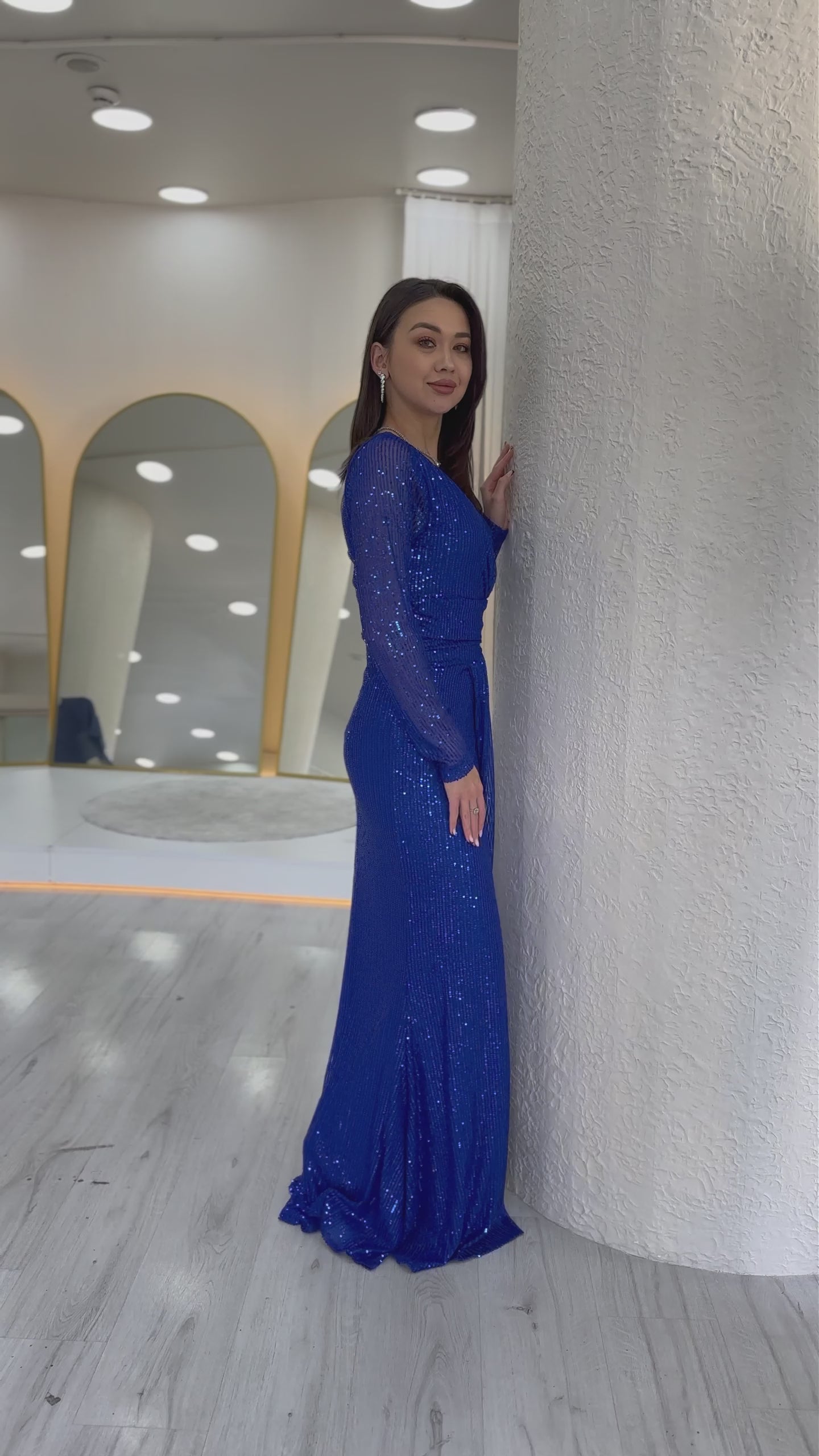 Women's Saxe Blue Wrap Neck Sequin Long Evening Gown