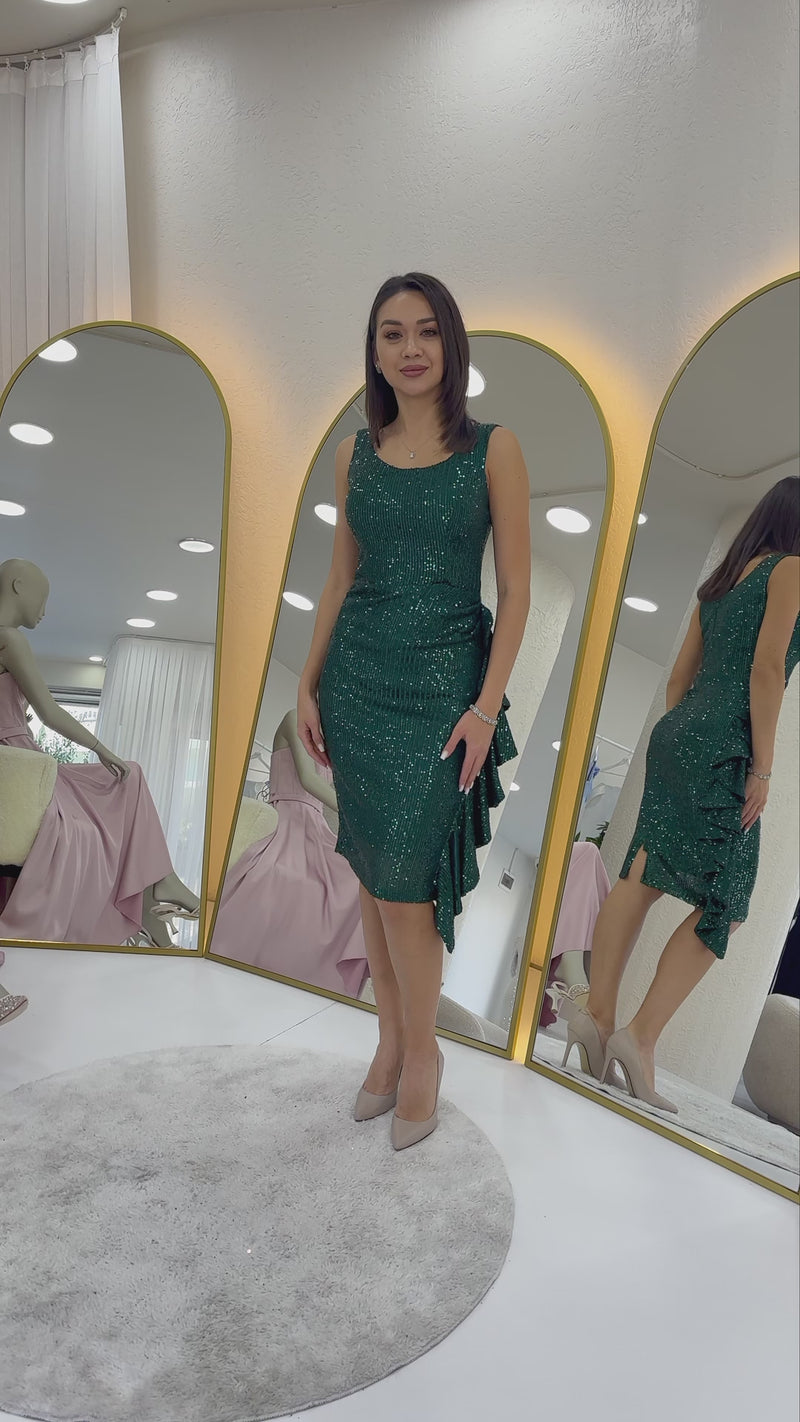 Green Sequin Thick Strap Midi FırFır Detaillı Evening Dress