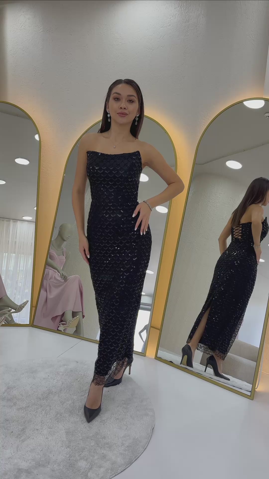 Women's Black Strapless Beaded Midi Evening Gown