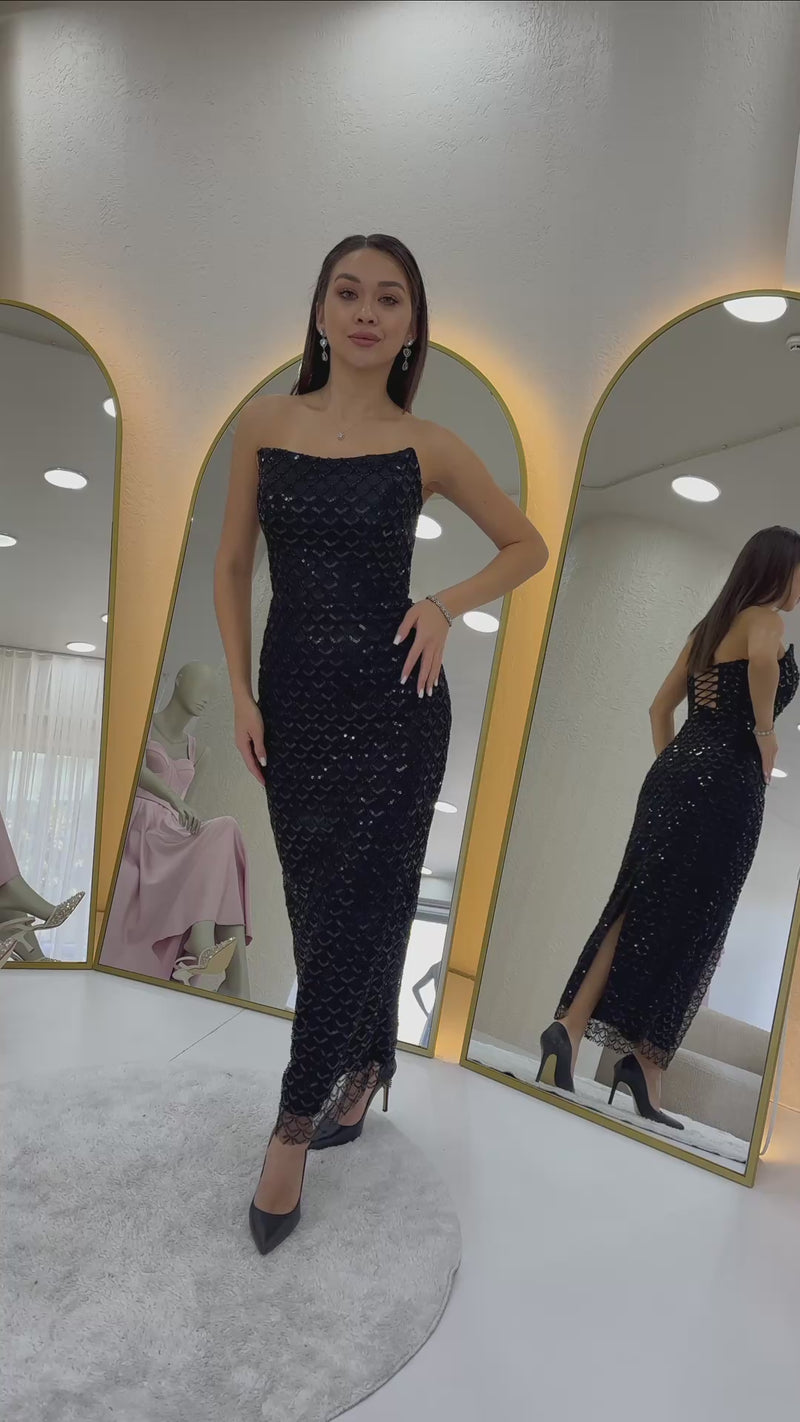 Women's Black Strapless Beaded Midi Evening Gown