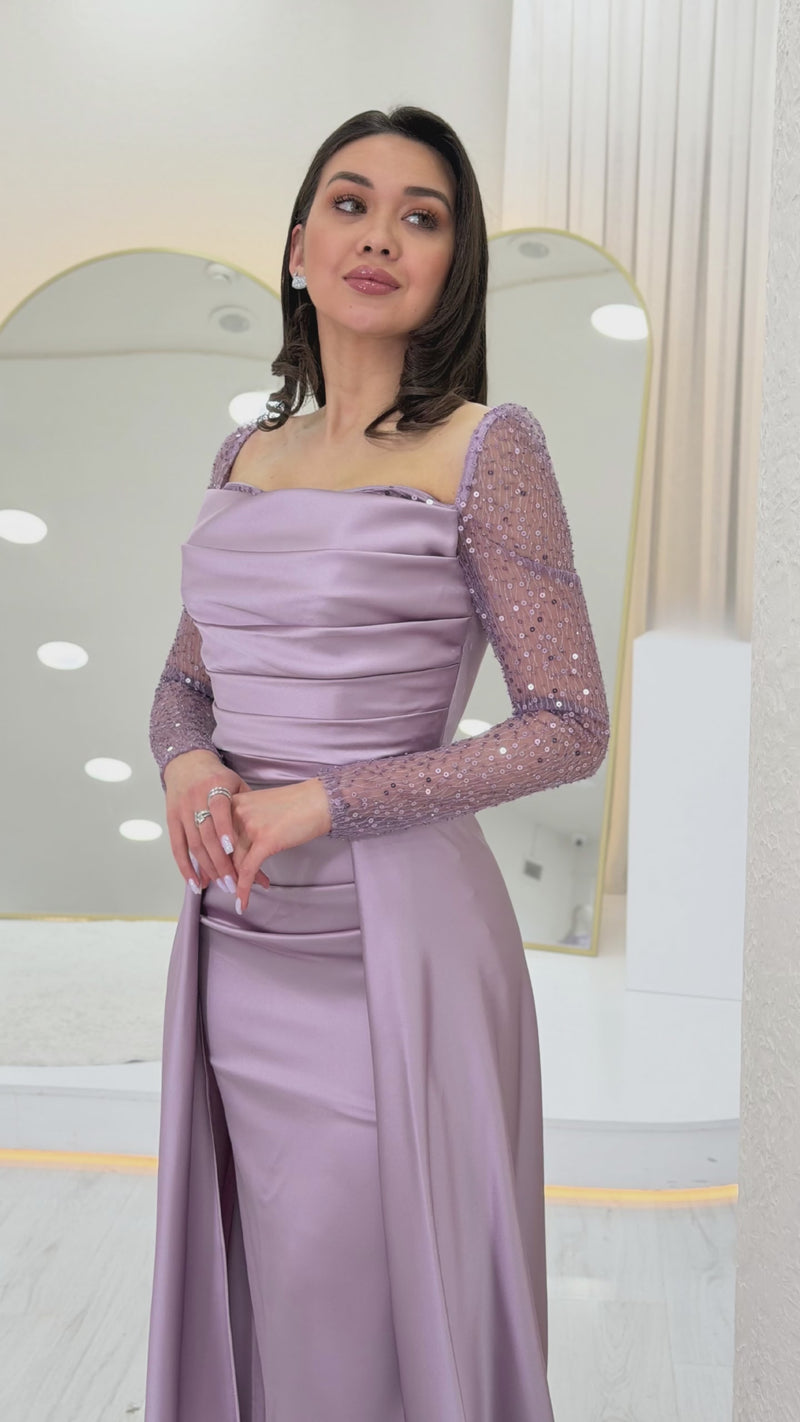 Navy Blue Sequined Long-Sleeved Square Neck Satin Evening Dress