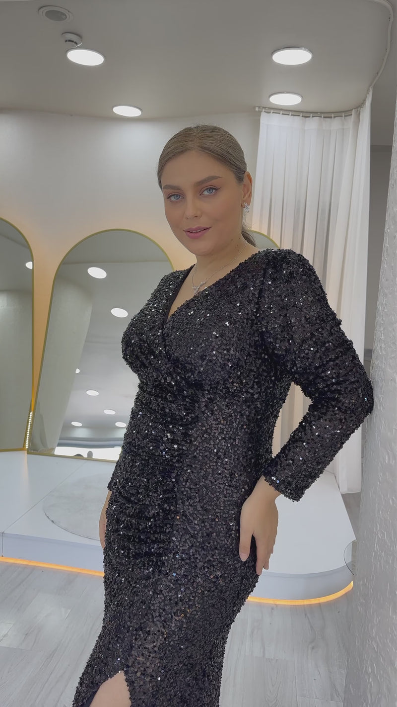Women's Black Long Sleeve Sequin Slit Plus Size Evening Gown