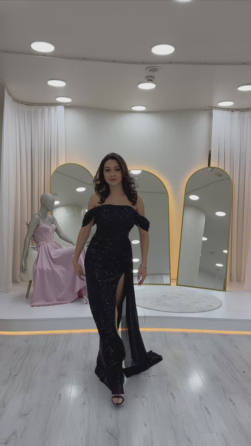 Women's Off-Shoulder Black Sequin Slit Evening Gown