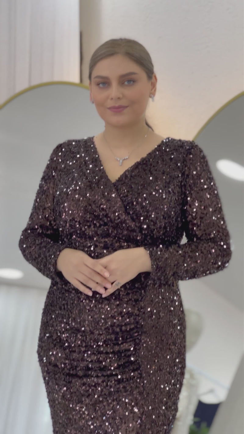 Women's Brown Long Sleeve Sequin Slit Plus Size Evening Gown