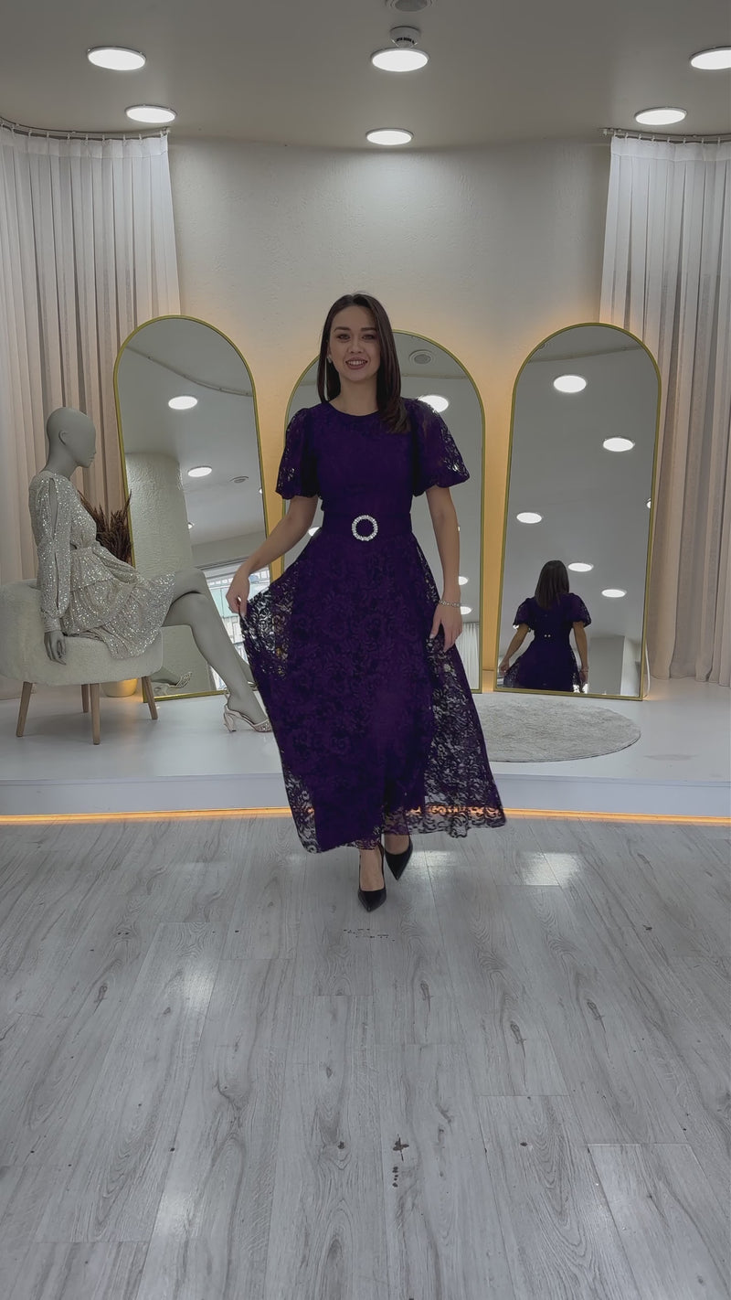 Purple Lace Midi Length Flared Evening Dress
