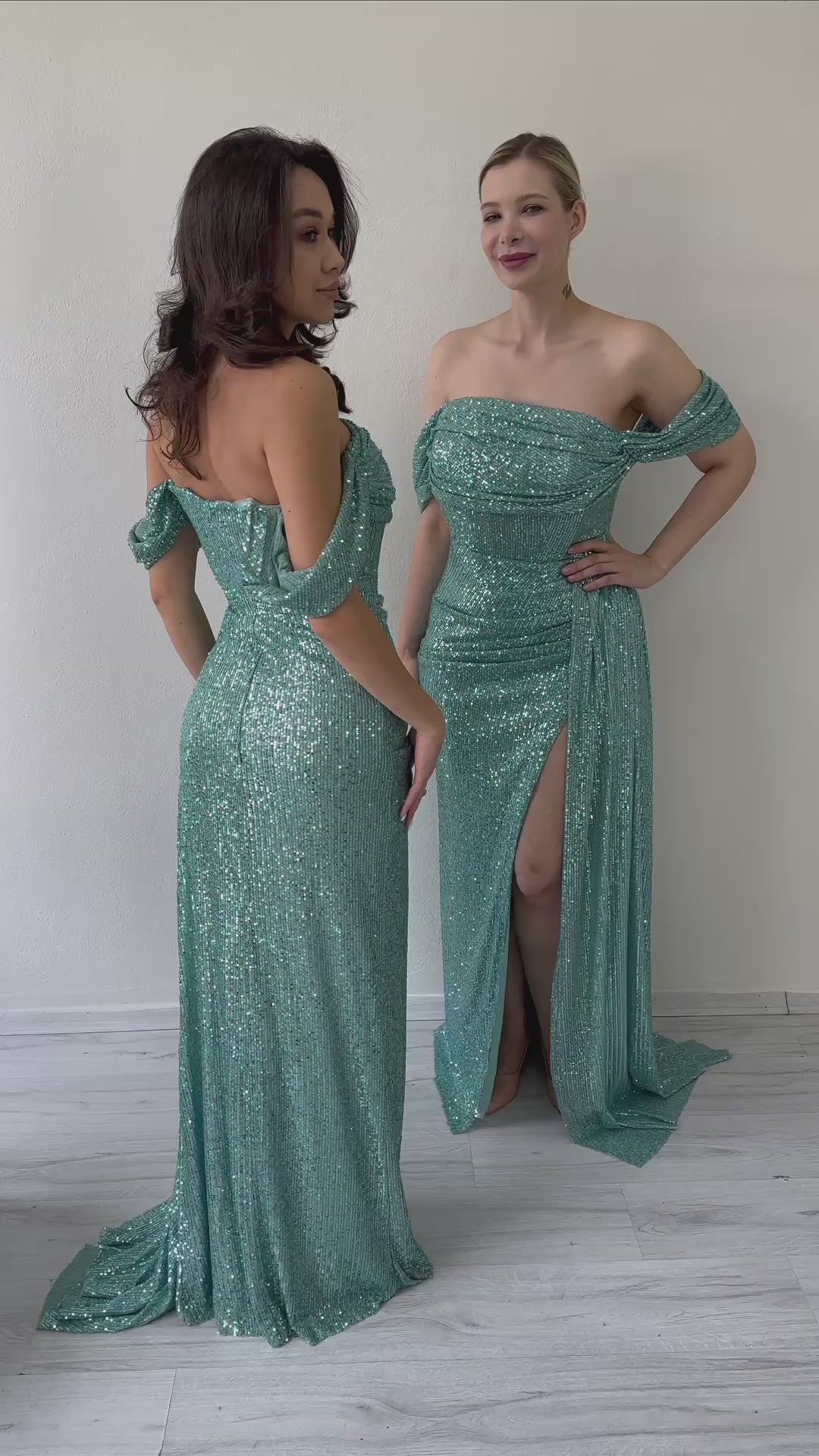 Women's Off-Shoulder Aqua Green Sequin Slit Evening Gown
