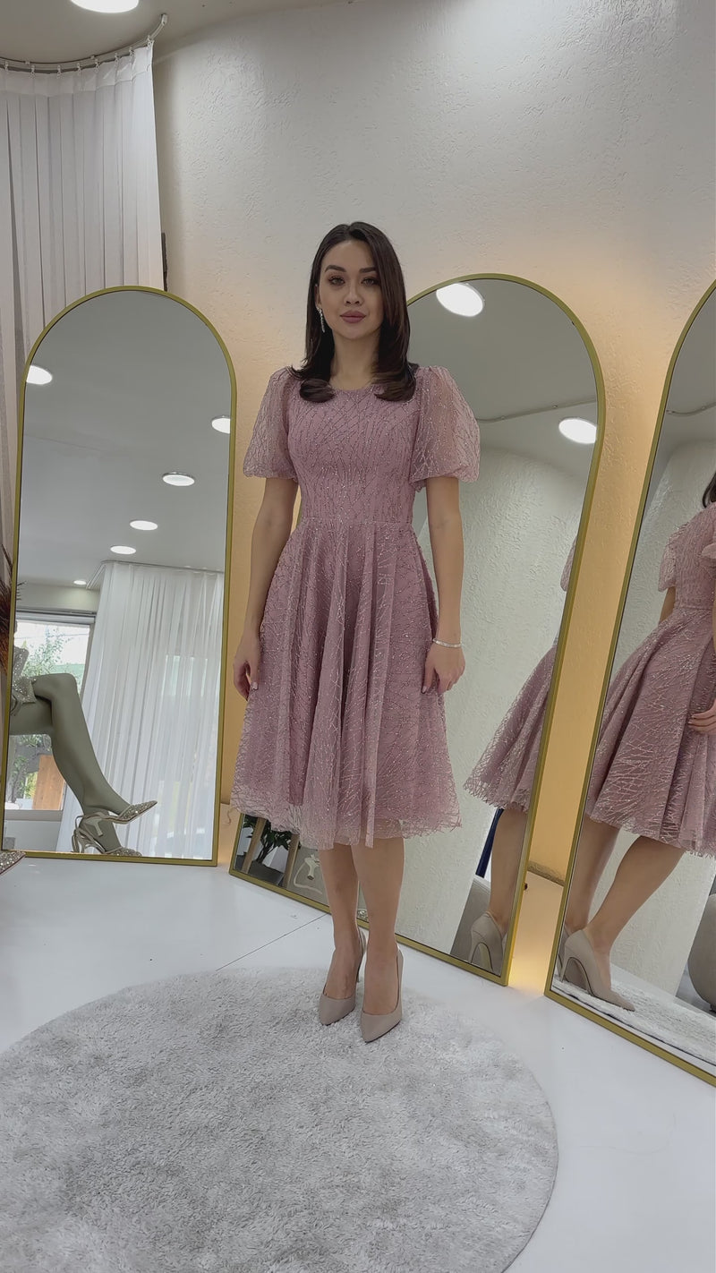 Women's Powder Pink Balloon Sleeve Glitter Flared Midi Evening Gown