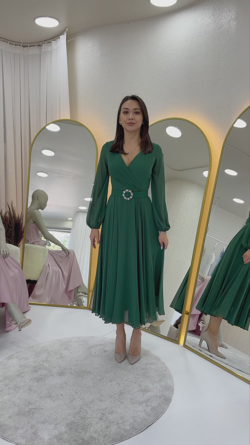 Green Midi Chiffon Evening Dress