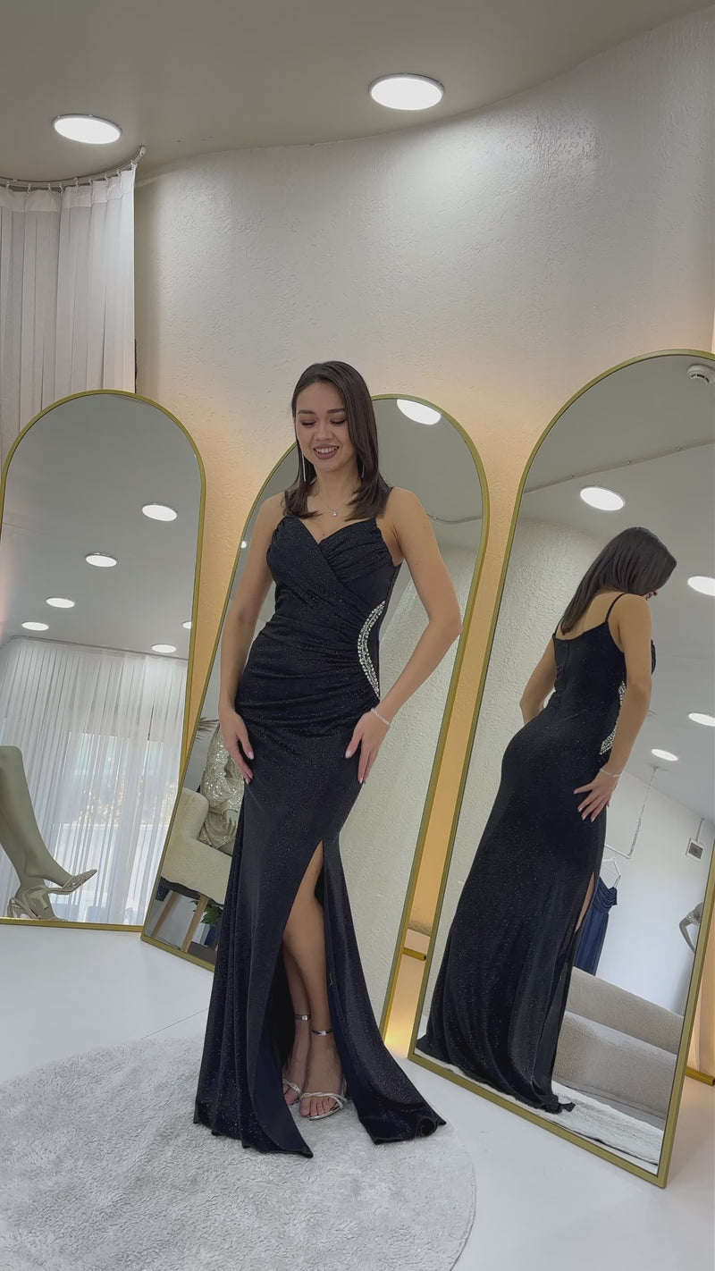 Women's Black Strap Wrap Neck Drapedd Crystal Embellished Glitter Evening Gown