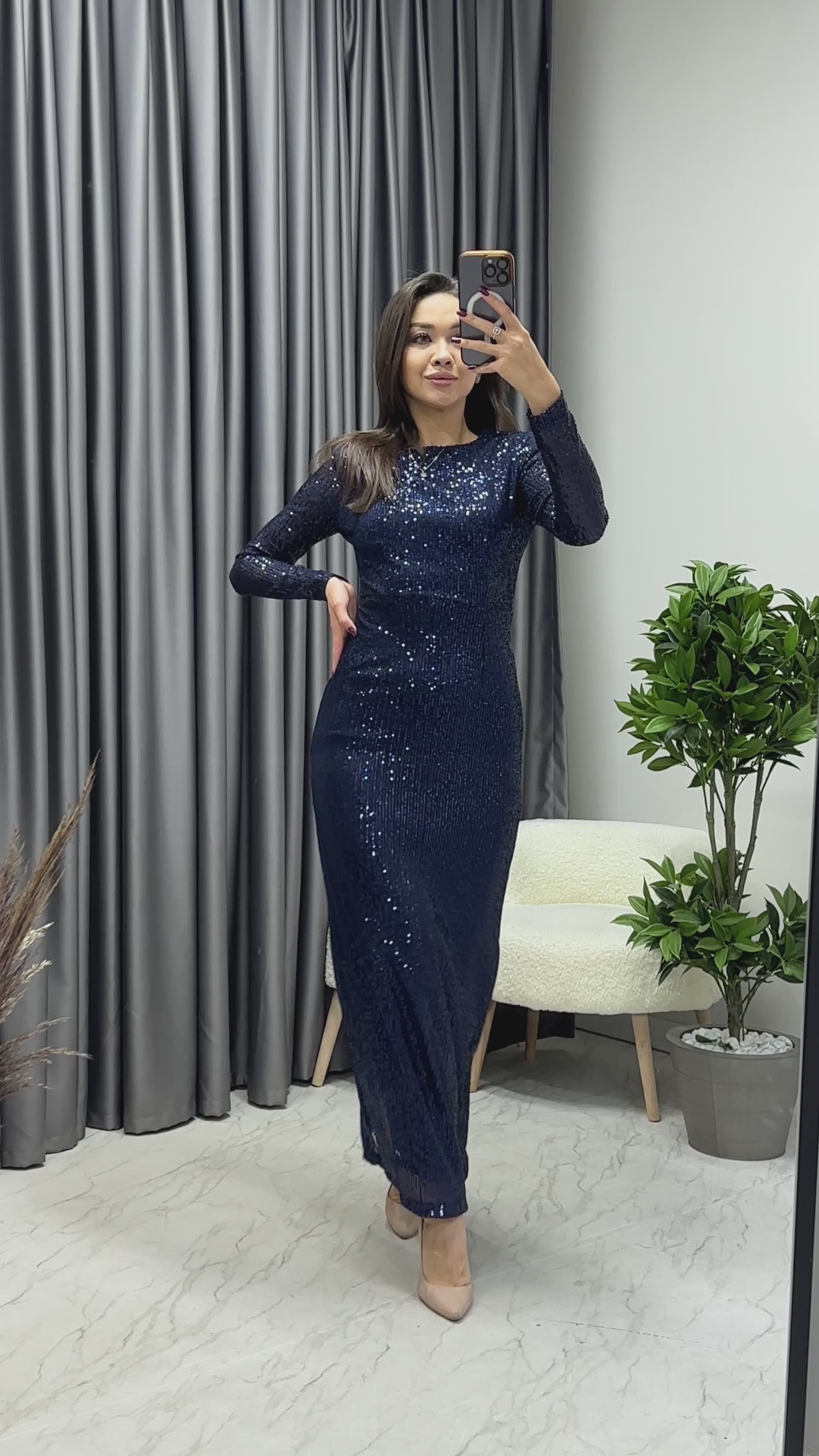 Navy Blue Sequin Evening Dress
