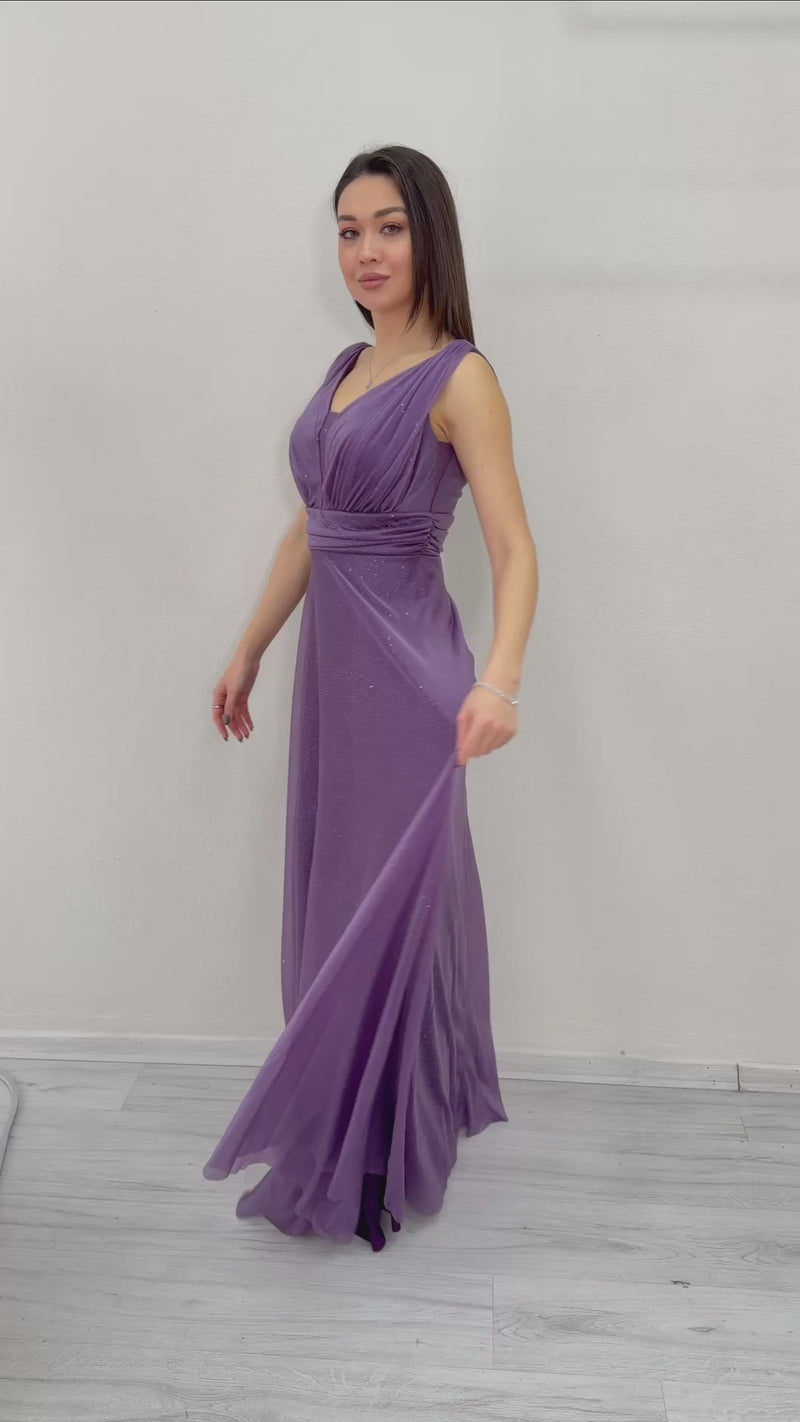 Women's Dark Lilacc Sleeveless Sheer Detail Evening Gown