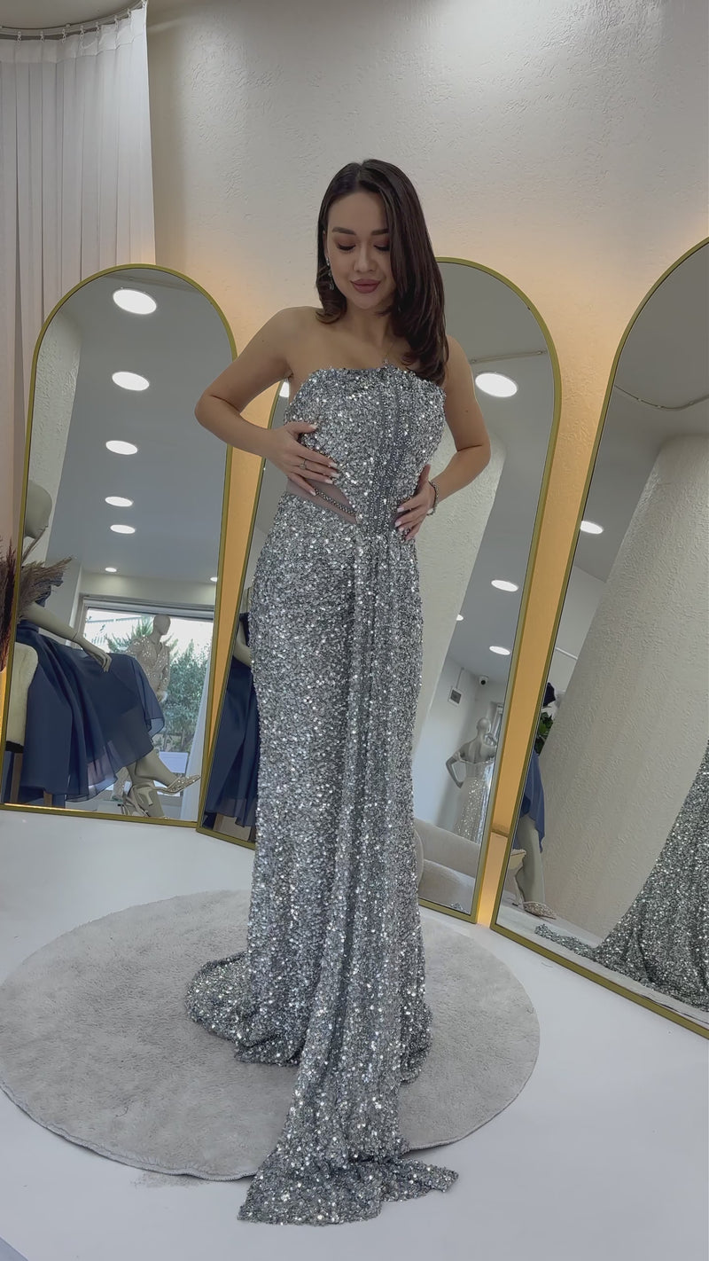 Women's Silver Strapless Bel Dekolteli Sequin Evening Gown