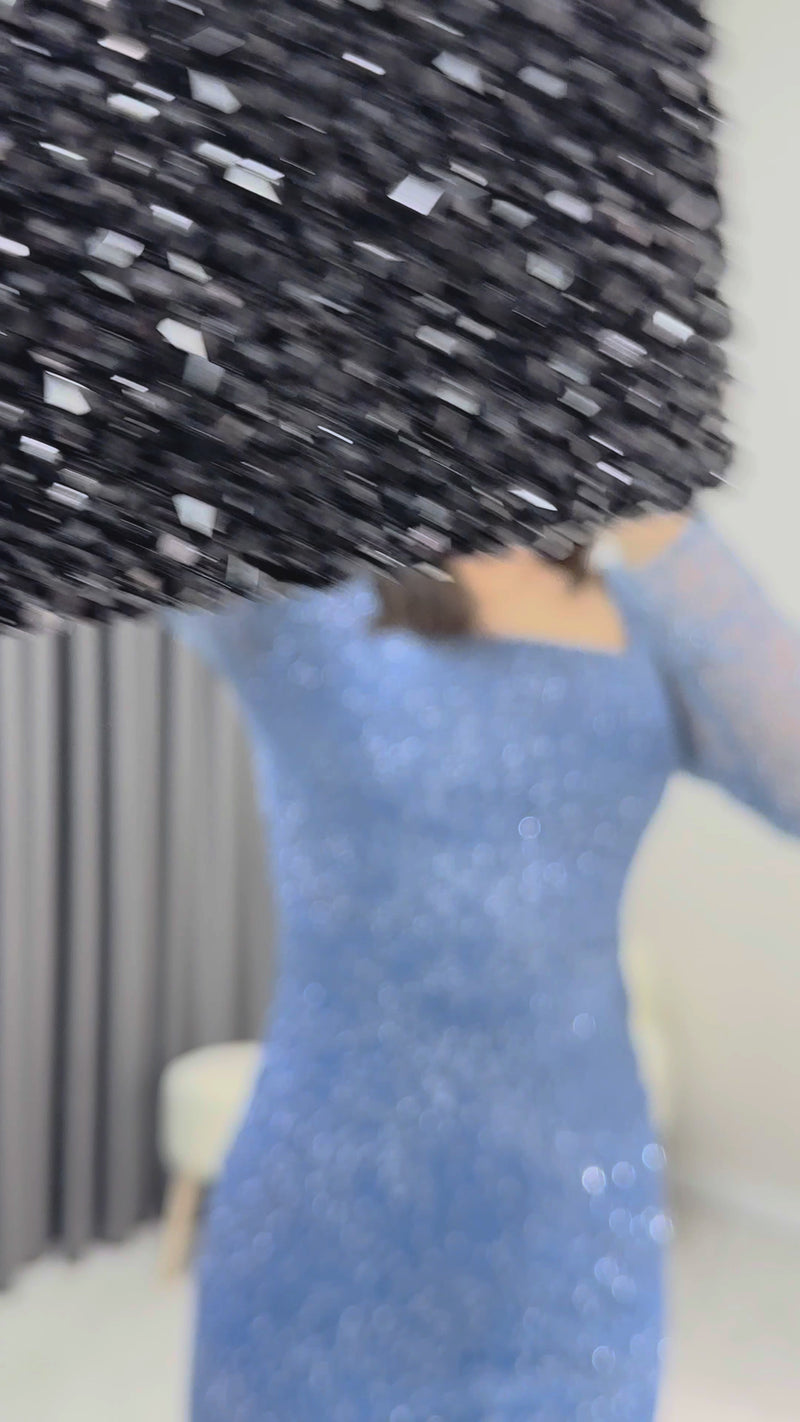 Indigo Square Neck Glittery Midi-Lenght Evening Dress